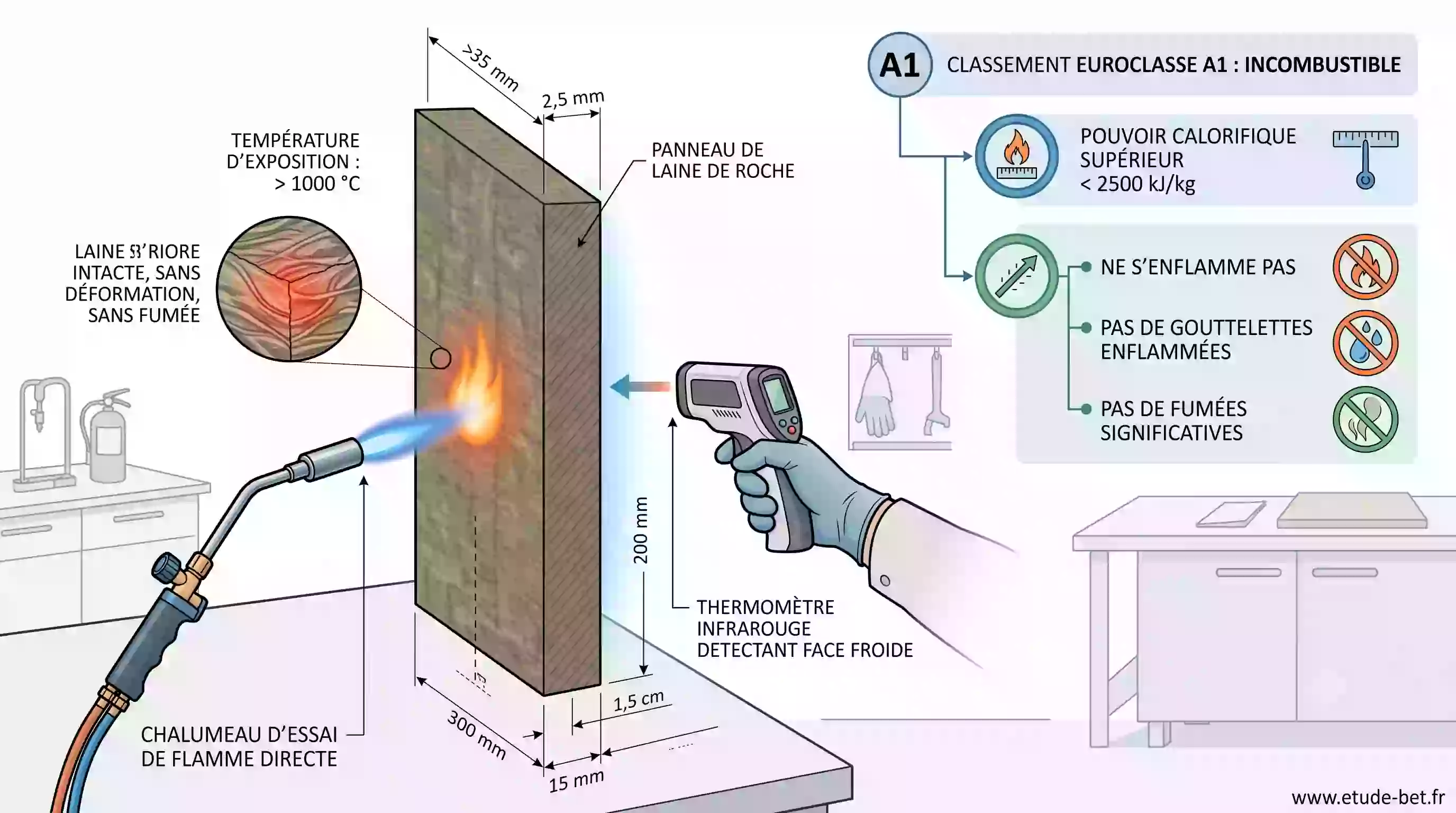 Panneau de laine de roche exposé à une flamme directe restant intact, illustrant le classement Euroclasse A1 incombustible de l'isolant minéral