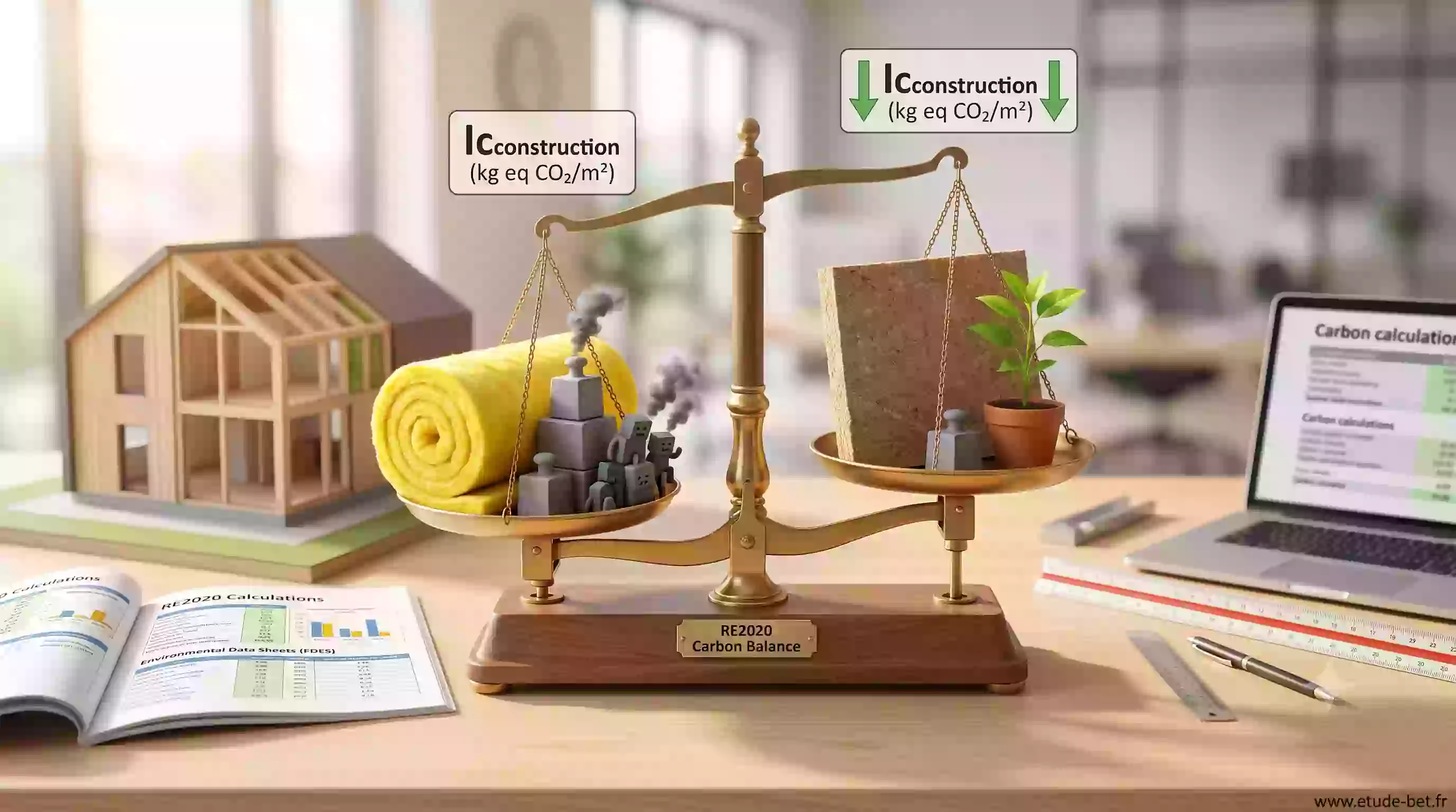 Balance comparant l'impact carbone d'une laine de verre et d'un isolant biosourcé dans le calcul Icconstruction de la re2020