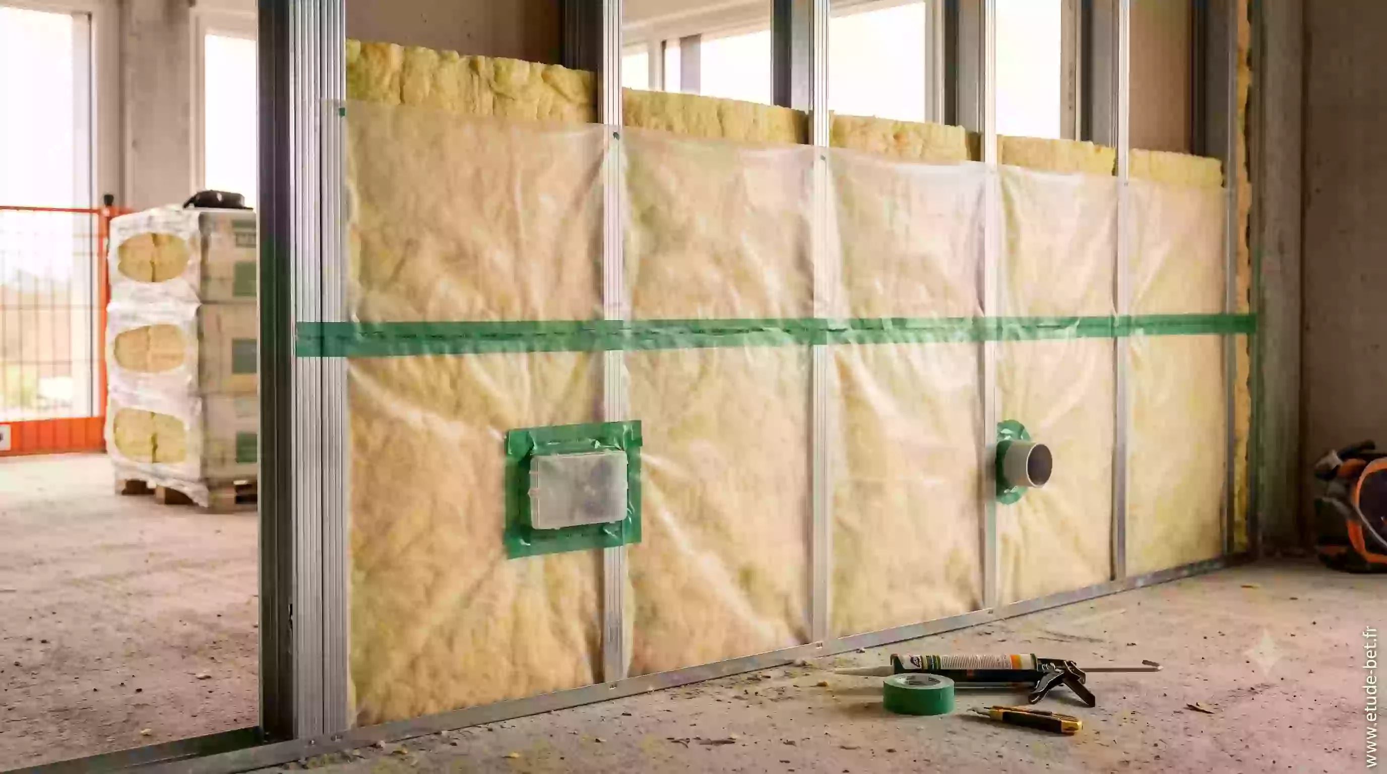 Pose de laine de verre en doublage avec pare-vapeur continu et traitement des jonctions pour l'étanchéité à l'air re2020
