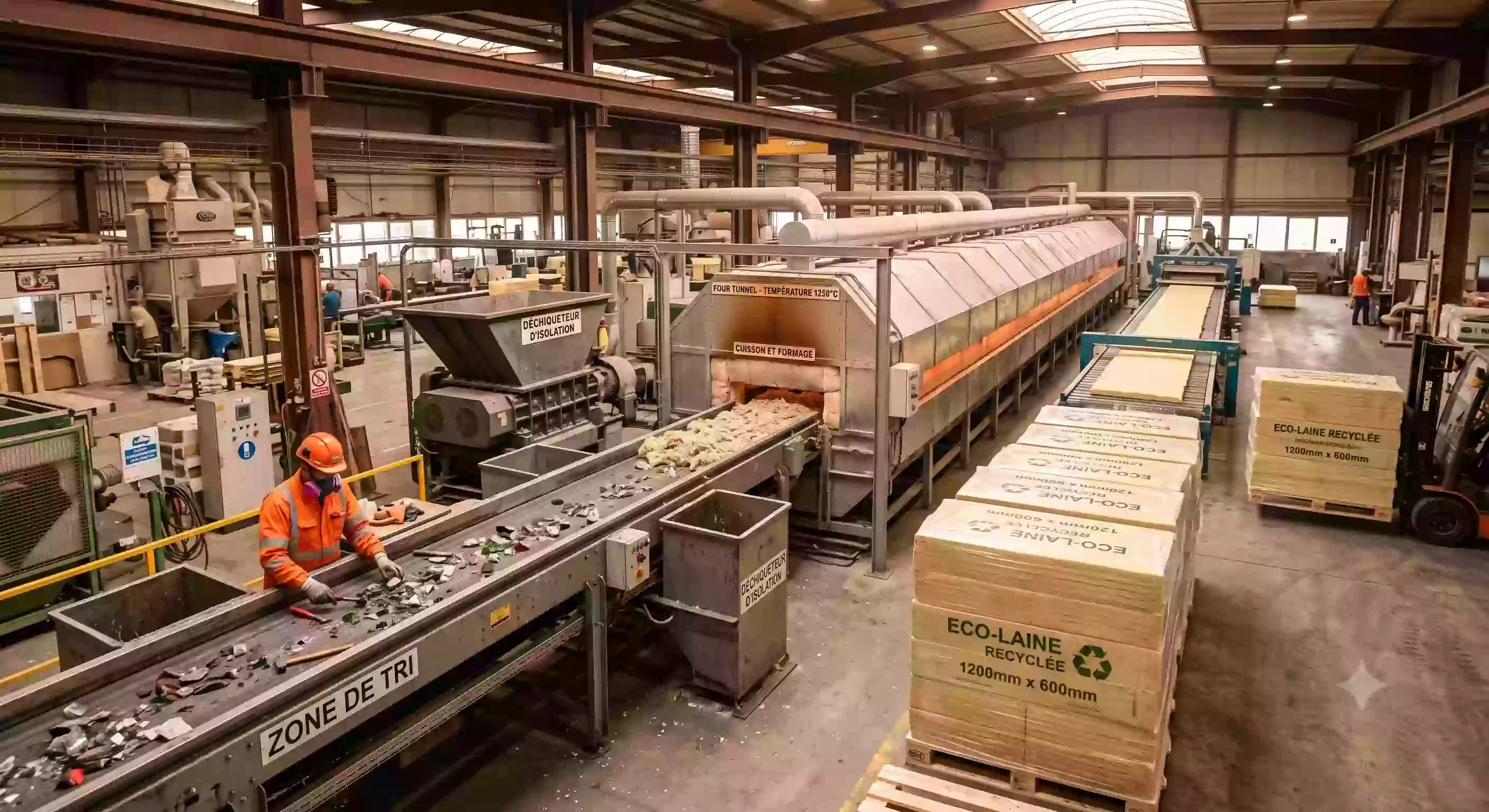 Chaîne de recyclage de laine de verre déposée sur chantier, du tri des déchets au panneau de laine issue du défibrage