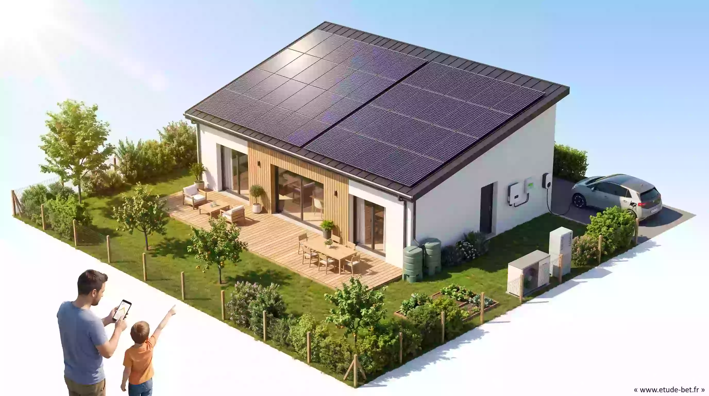 Maison individuelle neuve équipée de panneaux photovoltaïques en toiture, candidate à l'option bepos du label Effinergie