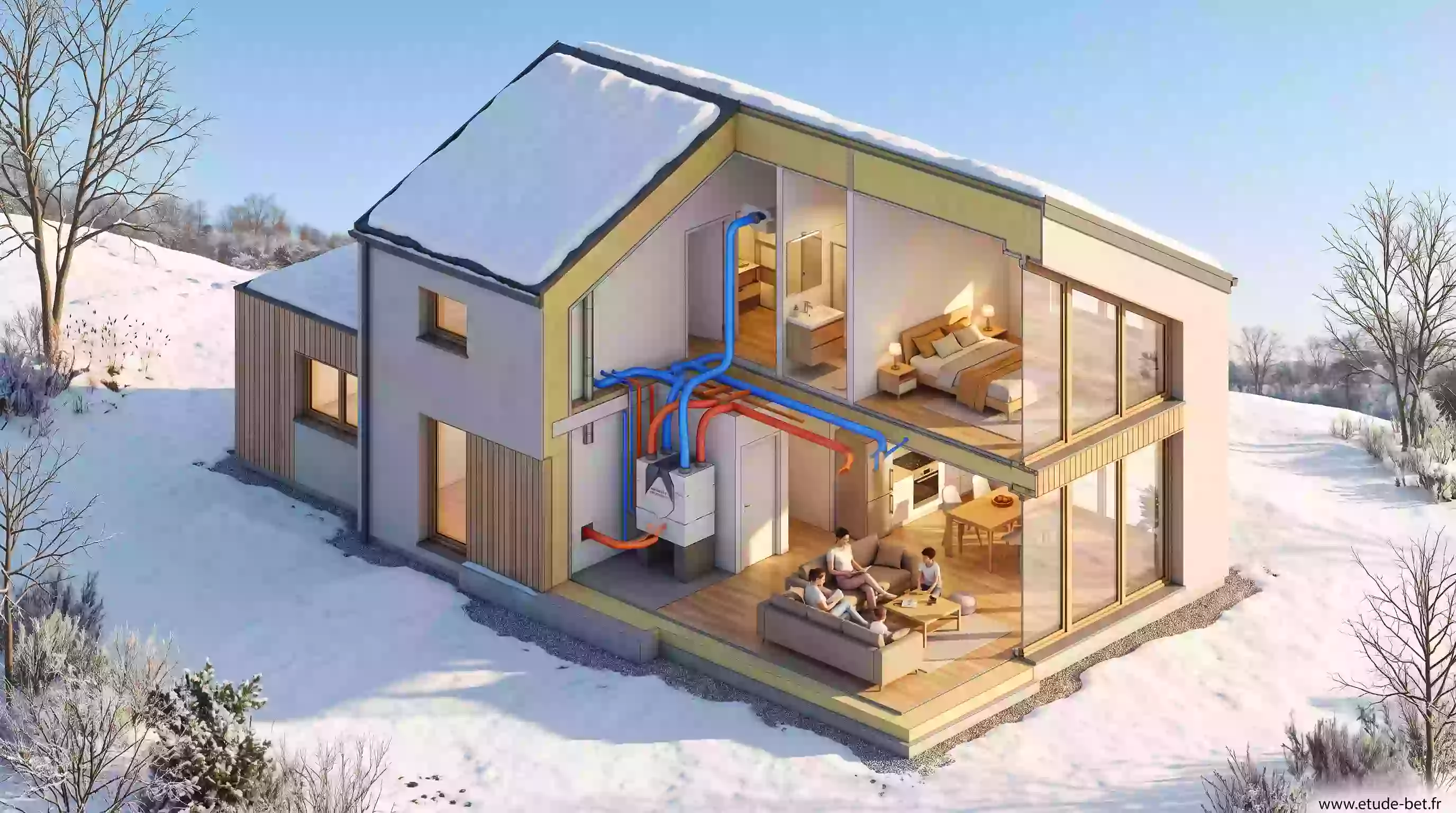 Maison passive Passivhaus avec isolation épaisse, triple vitrage et ventilation double flux limitant le besoin de chauffage