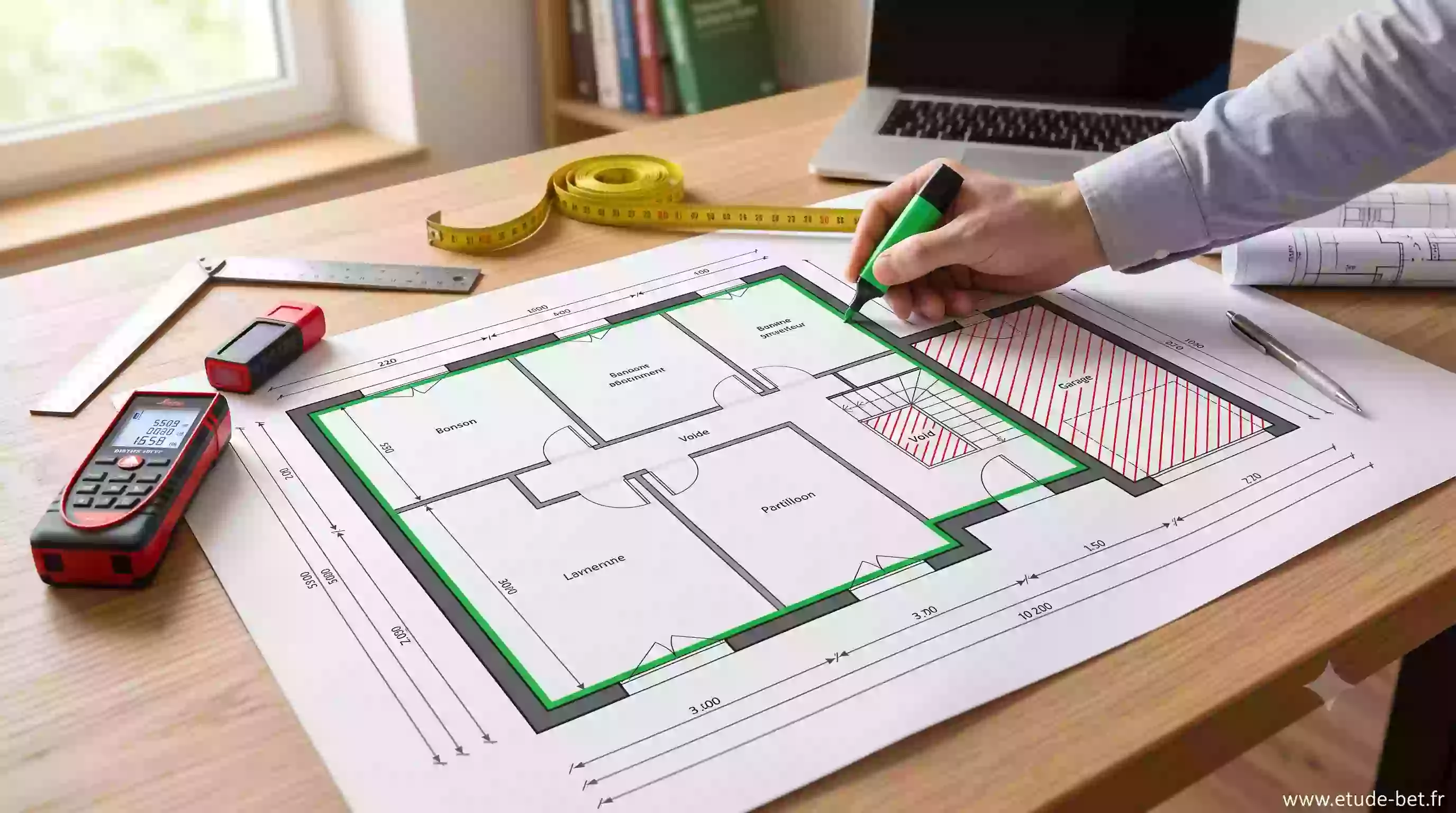 Mesure de la surface de plancher au nu intérieur des façades sur un plan de maison pour le permis de construire