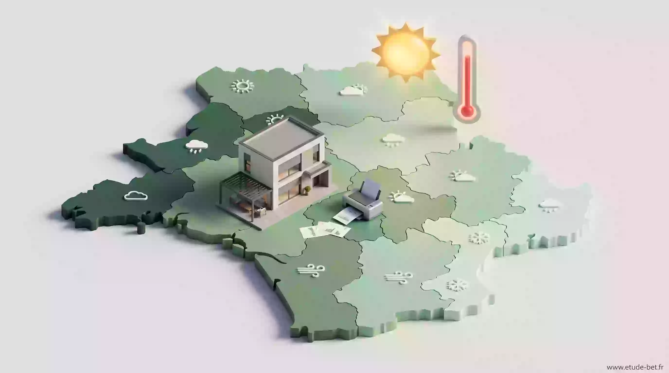 Météo conventionnelle re2020 : carte des huit zones climatiques de France avec un soleil de canicule et un thermomètre