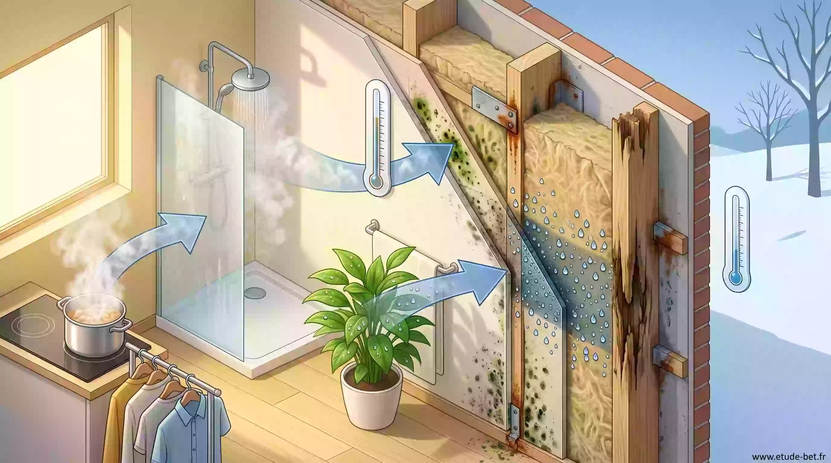 Schéma de la migration de vapeur d'eau à travers une paroi isolée avec point de rosée et risque de condensation