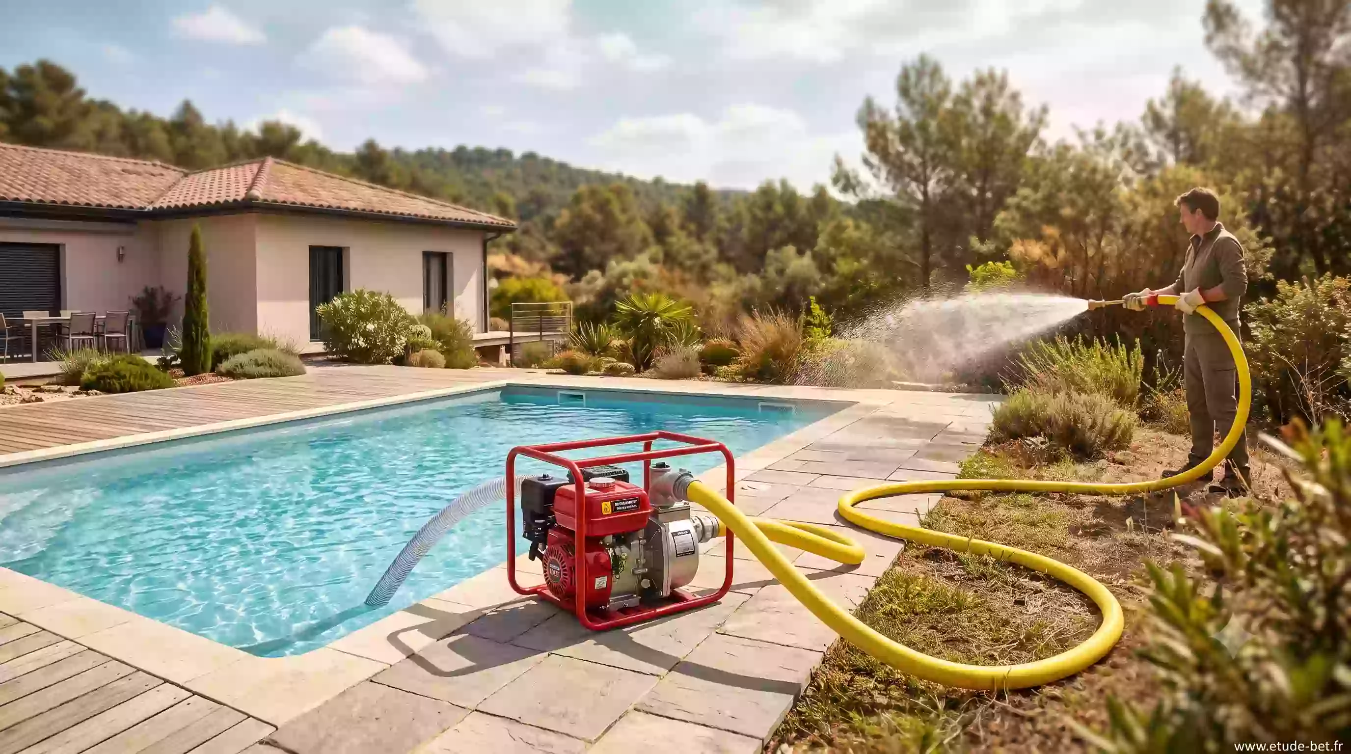 Motopompe thermique aspirant l'eau d'une piscine pour la défense incendie