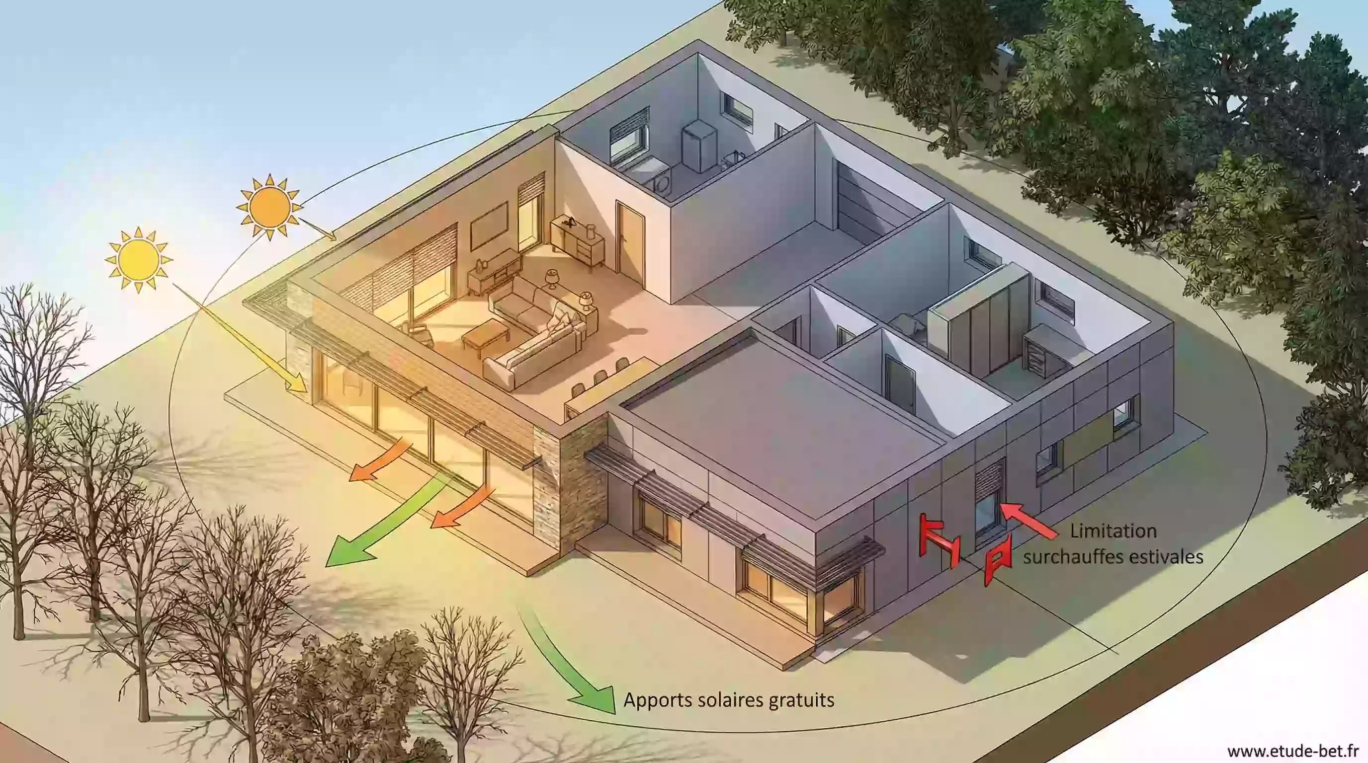 Schéma d'orientation bioclimatique : pièces de vie au sud, espaces tampons au nord
