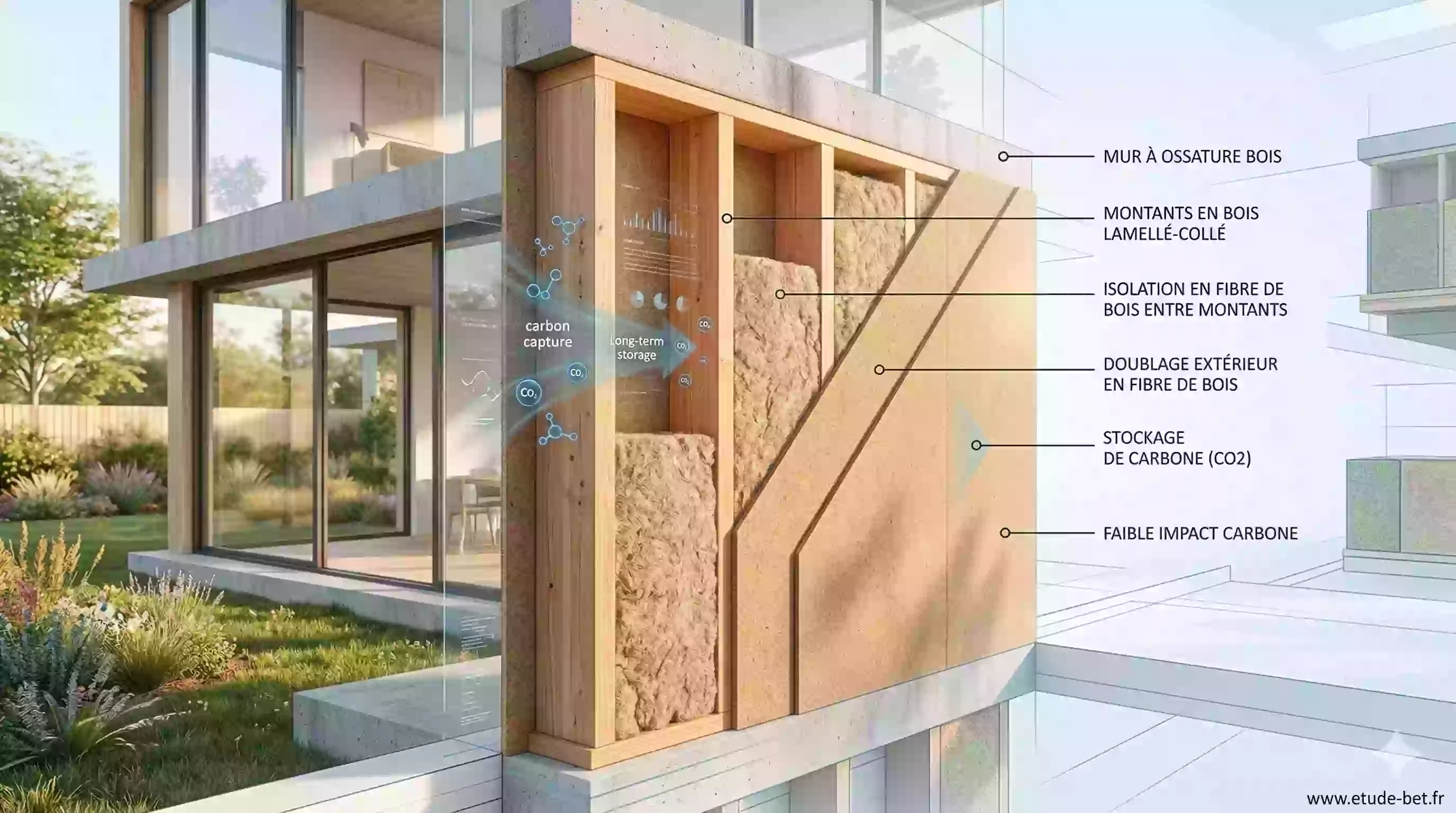 Structure d'un mur à ossature bois avec isolation entre montants et doublage extérieur en fibre de bois