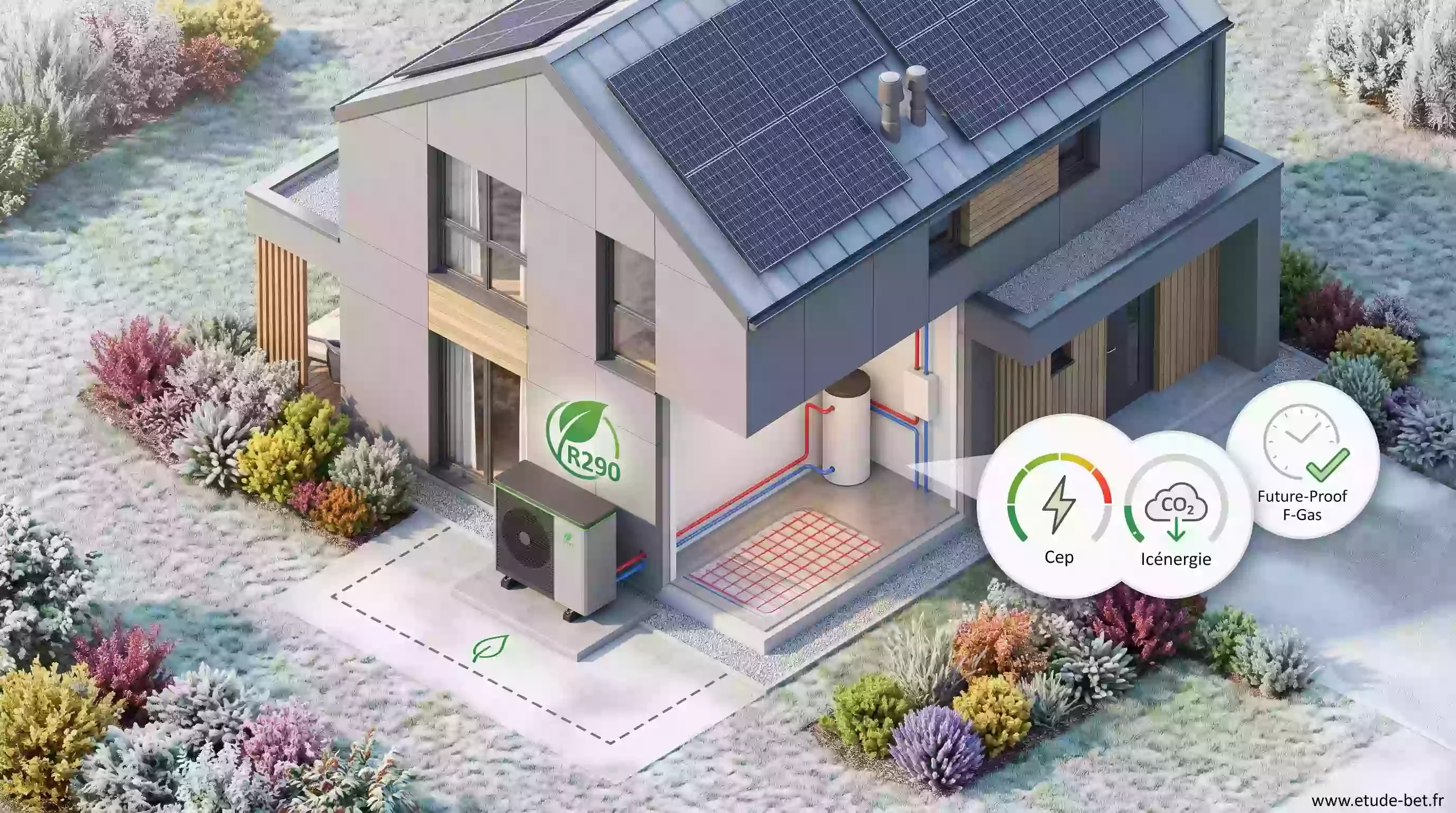 Unité extérieure de pompe à chaleur monobloc au propane r290 sur maison individuelle conforme re2020