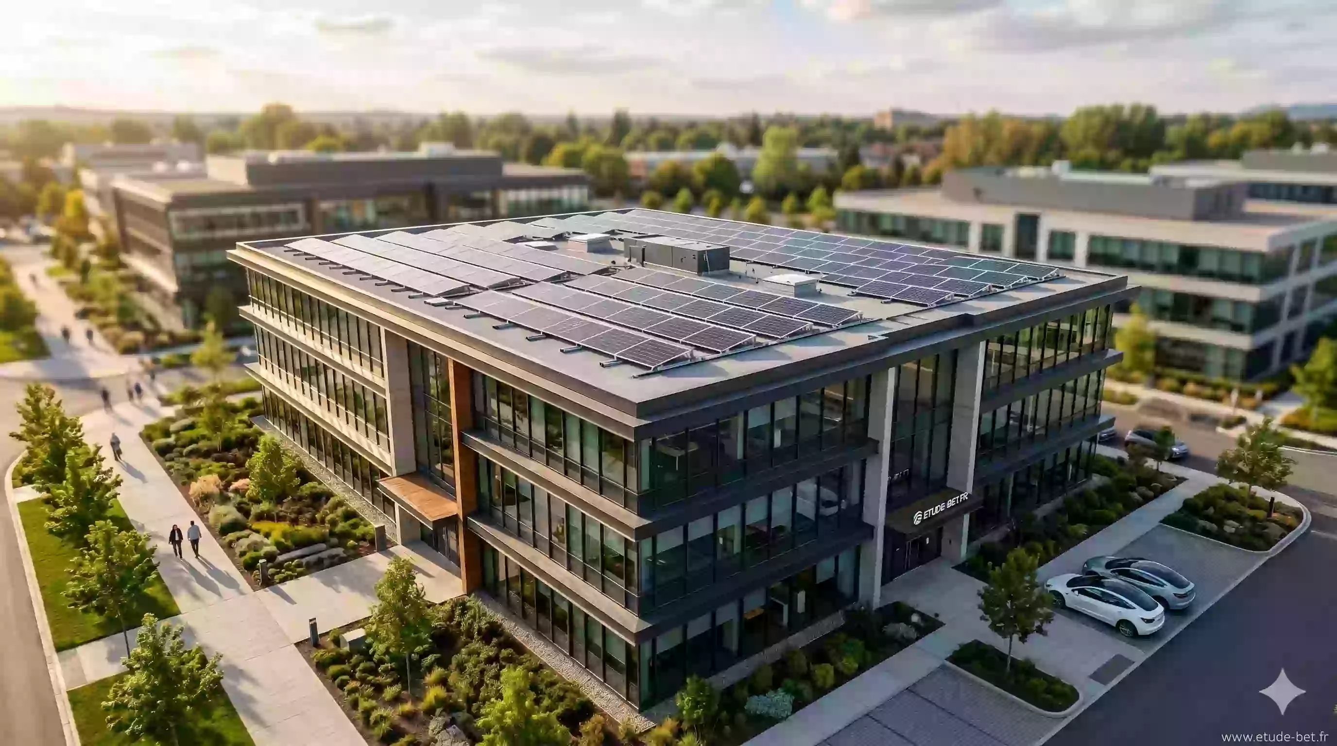 Panneaux photovoltaïques installés en toiture d'un bâtiment commercial