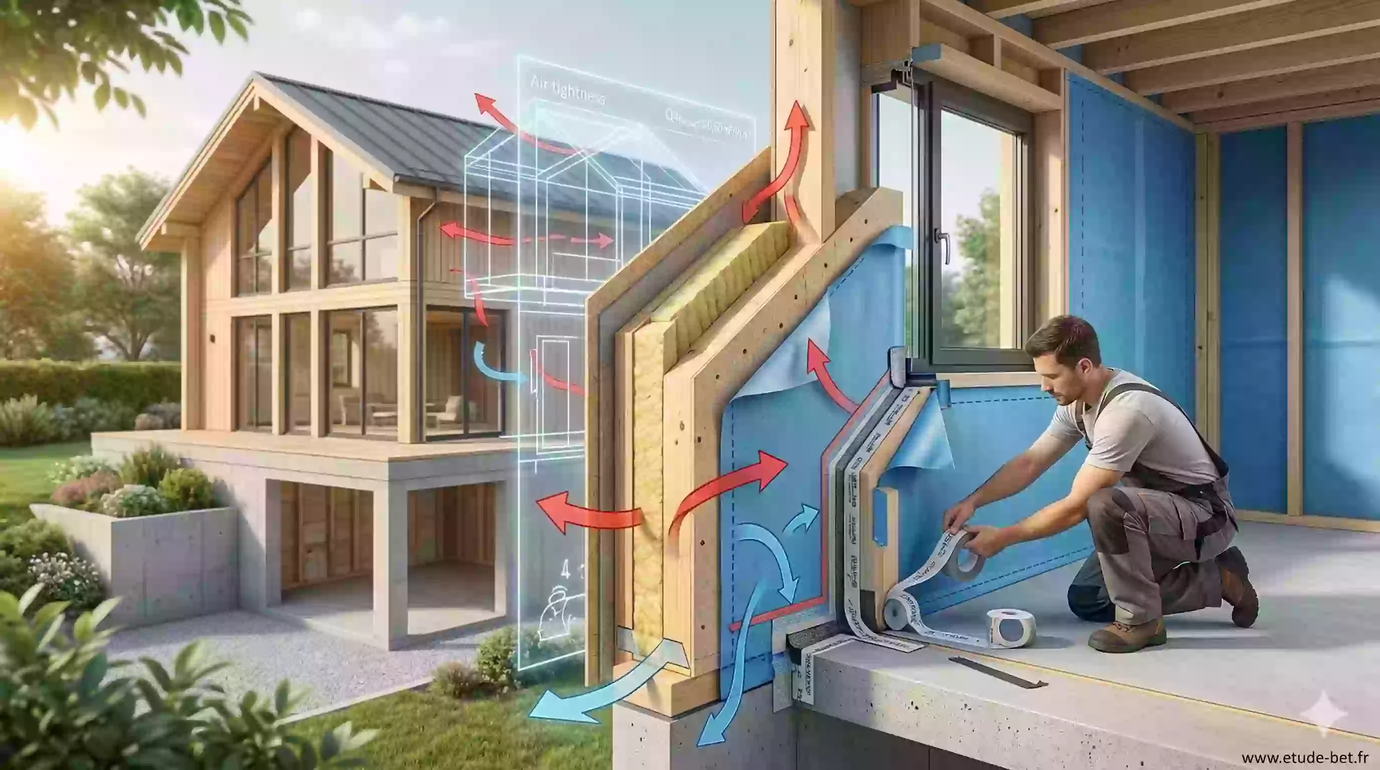 Pose du pare-vapeur sur une maison à ossature bois en re2020 avec traitement des jonctions