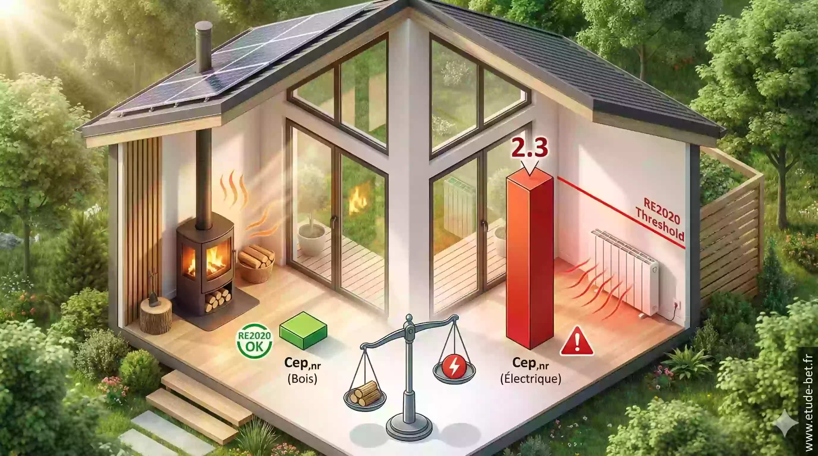 Schéma comparatif Cep,nr entre poêle à bois et radiateur électrique en re2020