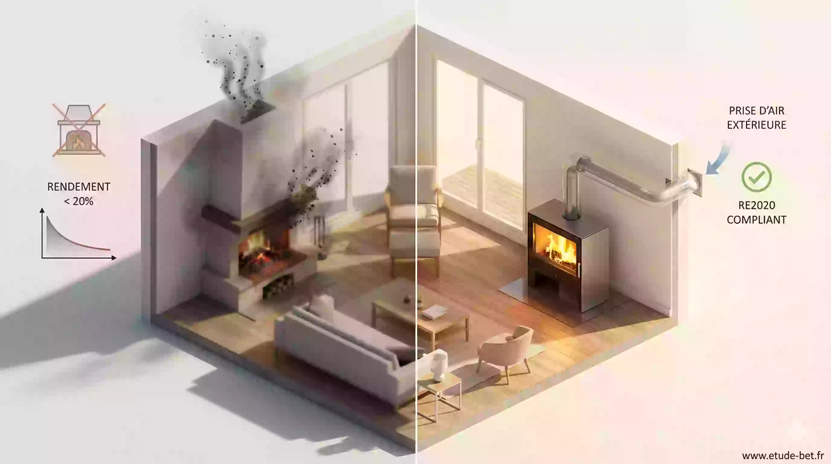 Schéma d'un poêle étanche avec prise d'air extérieure en maison neuve re2020