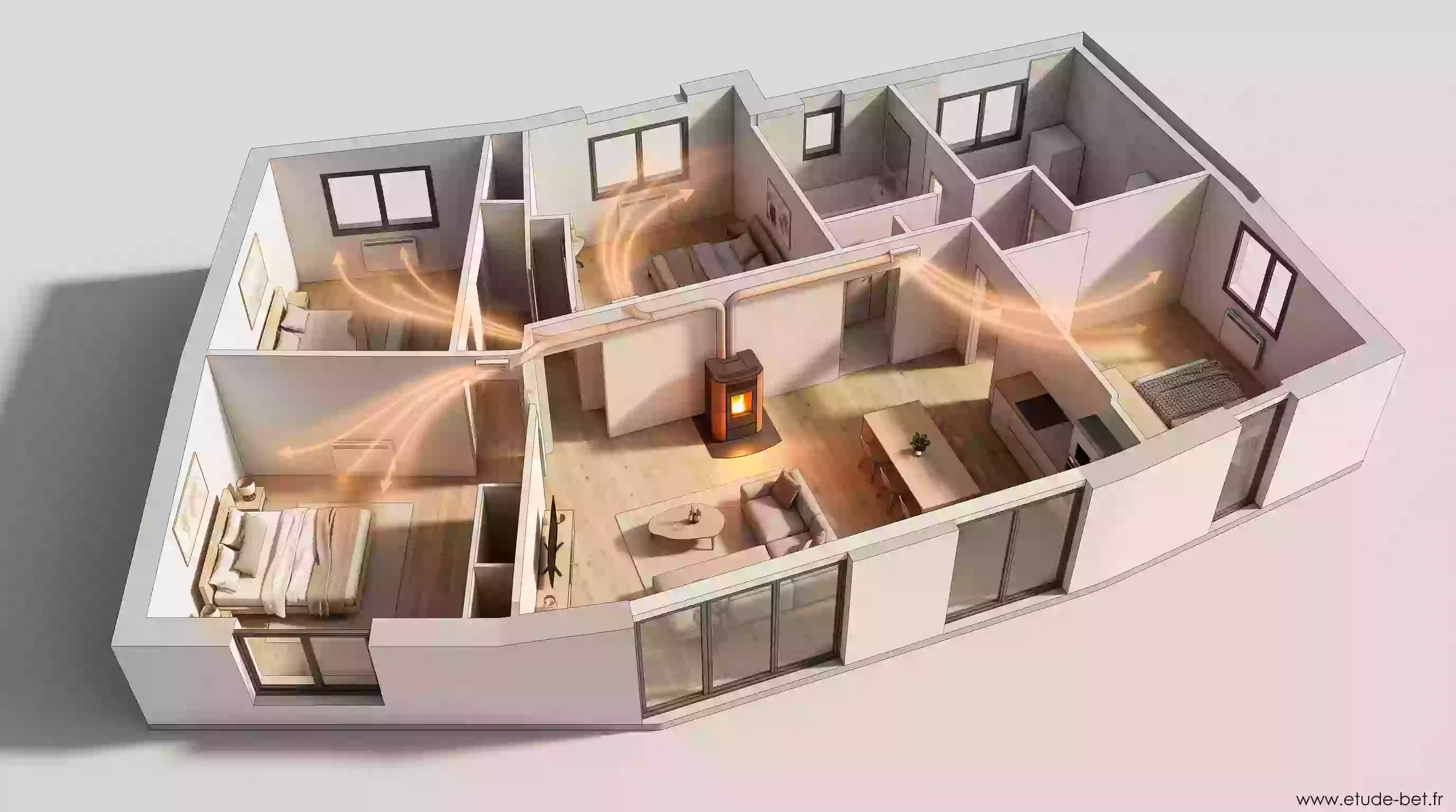 Plan de maison re2020 avec poêle à granulés canalisable diffusant l'air chaud vers deux chambres par des gaines