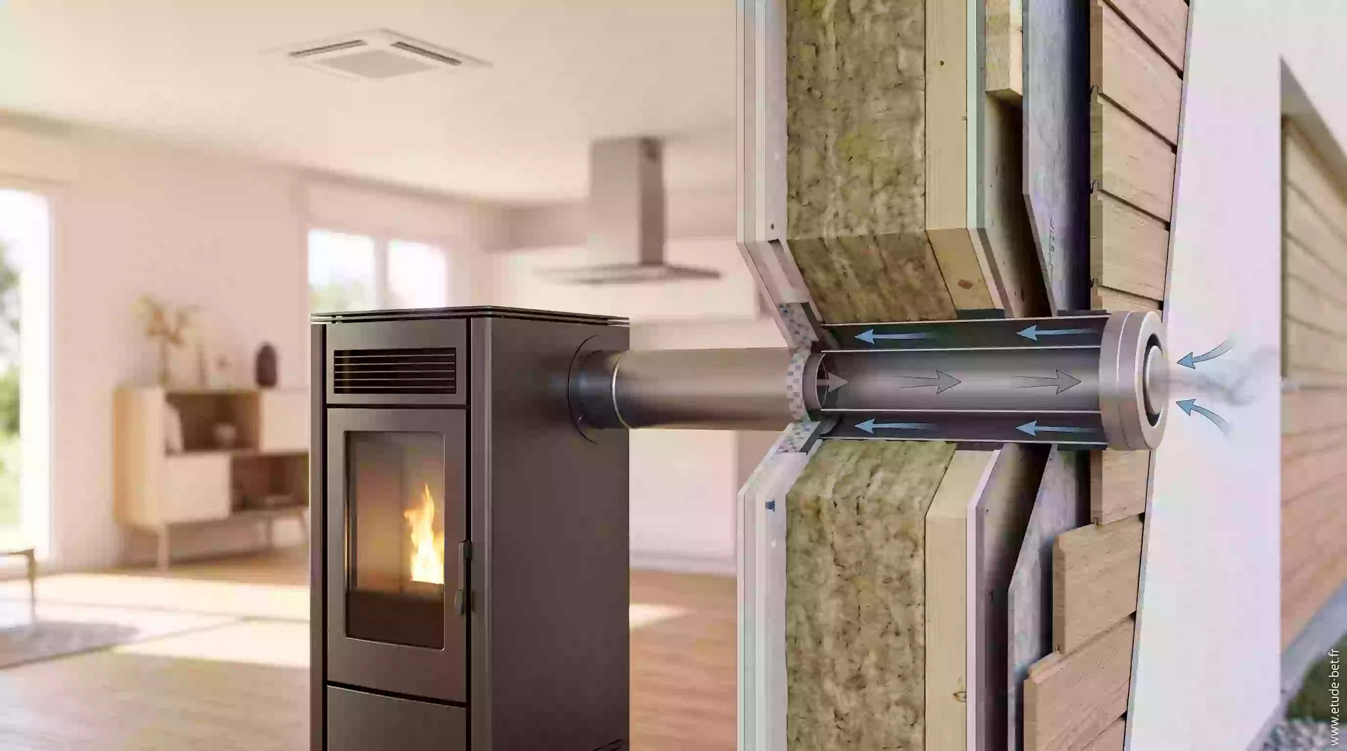 Poêle à granulés étanche raccordé à un conduit concentrique avec amenée d'air extérieur dans une maison re2020 étanche à l'air