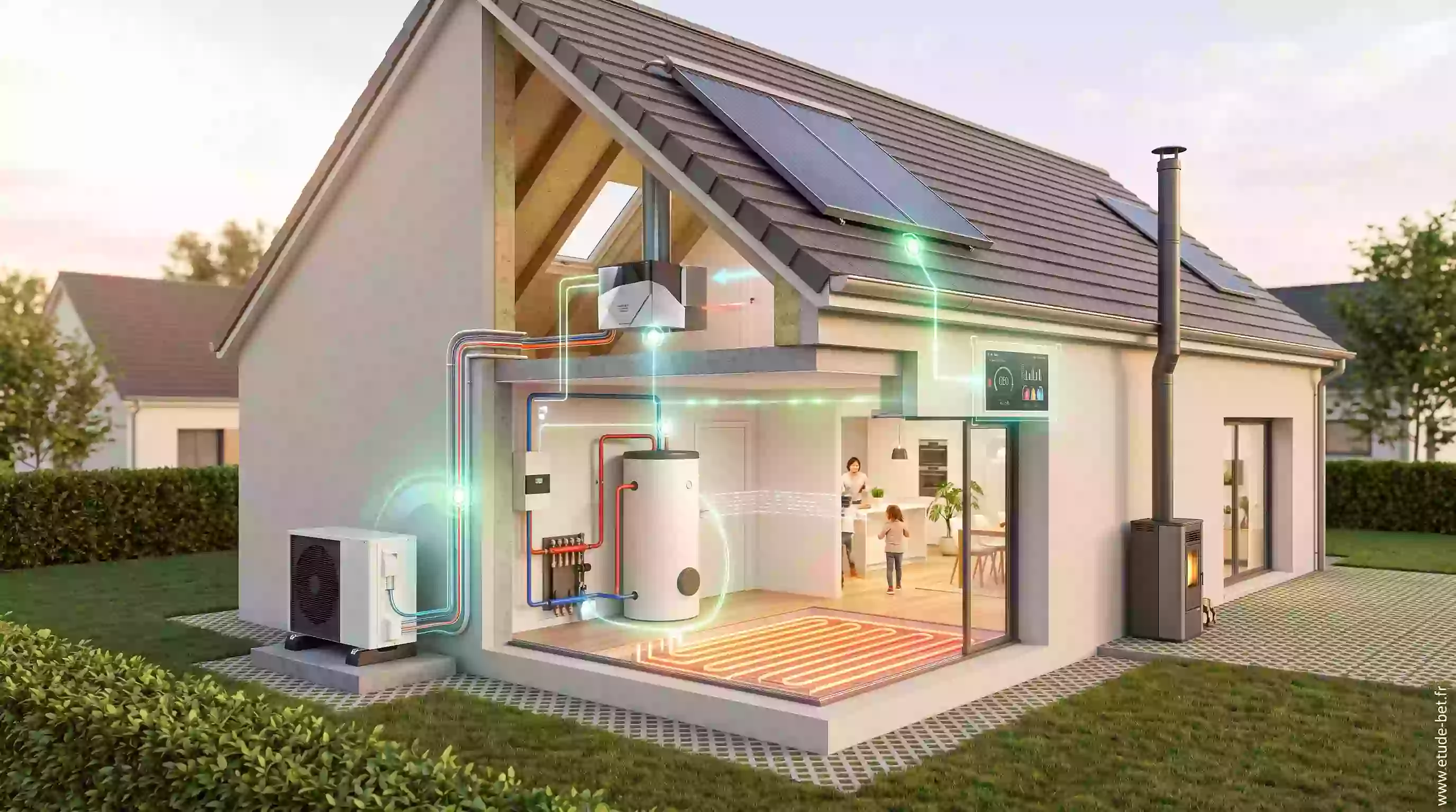 Pompe à chaleur air eau installée contre la façade d'une maison neuve sans gaz, solution de chauffage conforme à la re2020