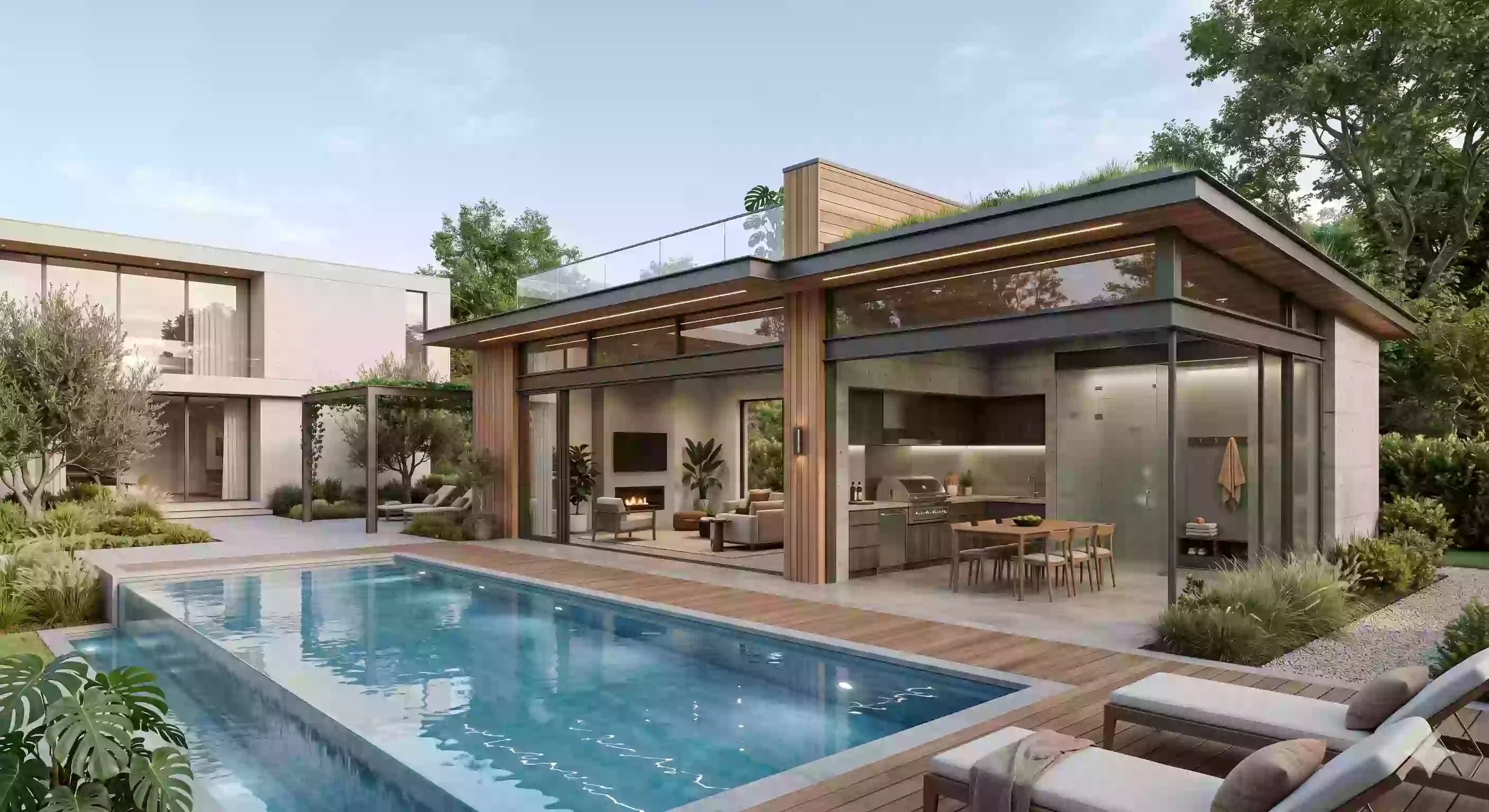 Pool house chauffé attenant à une maison neuve soumis à la re2020