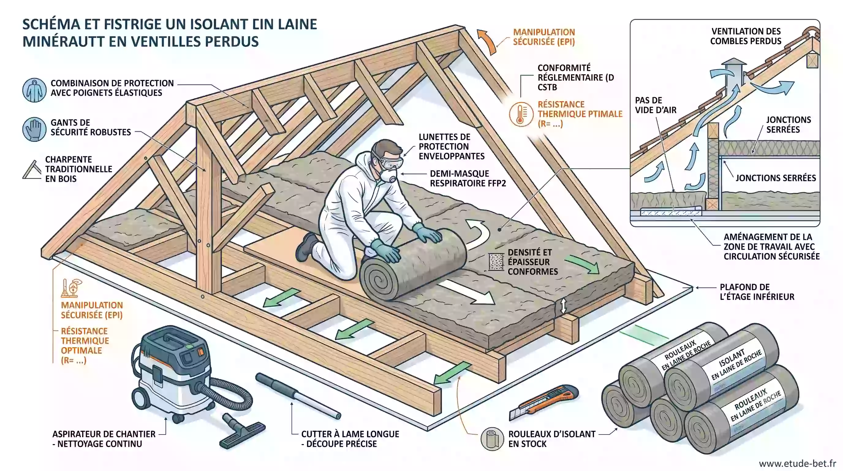 Artisan équipé de gants, lunettes et masque posant des rouleaux de laine de roche entre solives dans des combles perdus ventilés