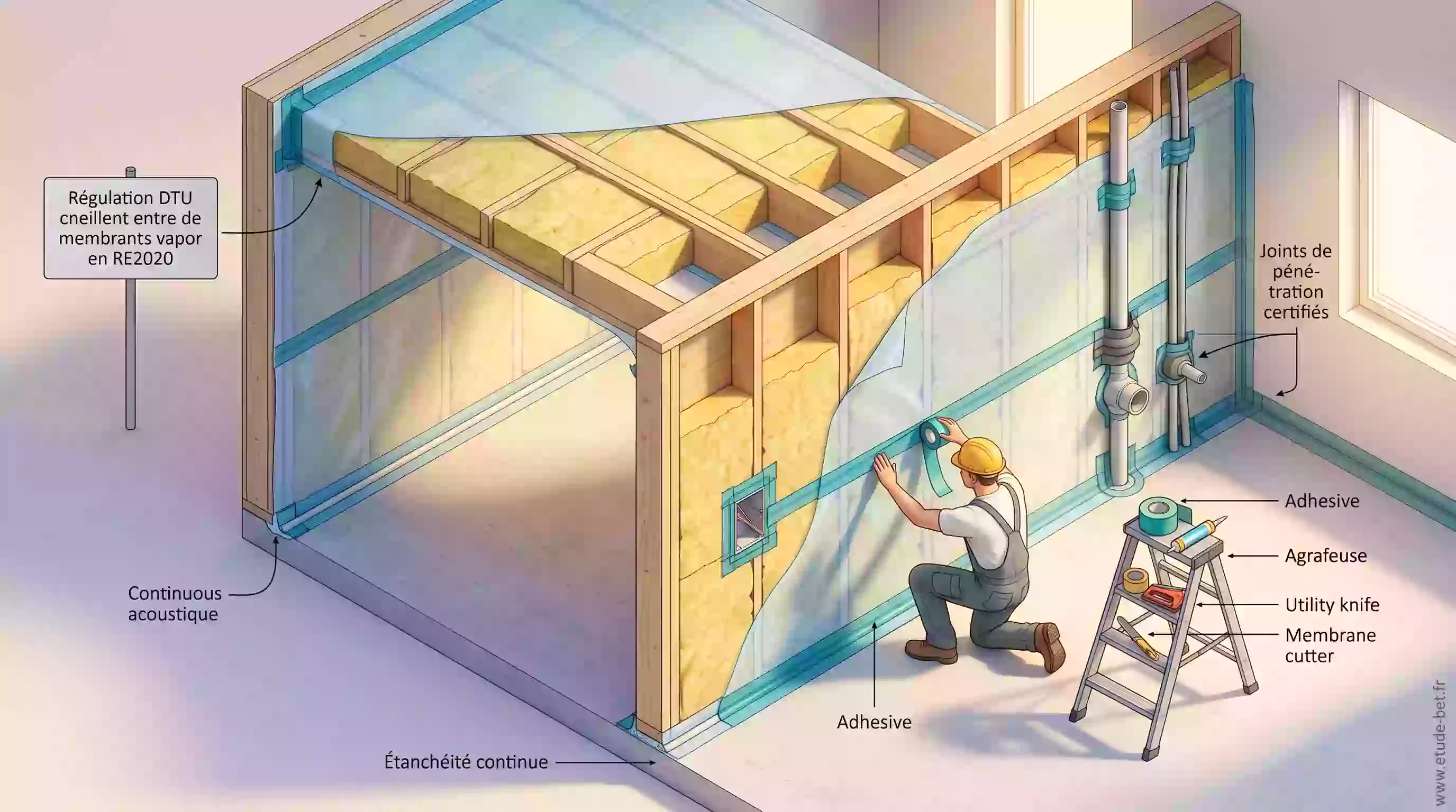 Pose d'une membrane pare-vapeur avec adhésifs et manchettes sur un chantier de maison re2020