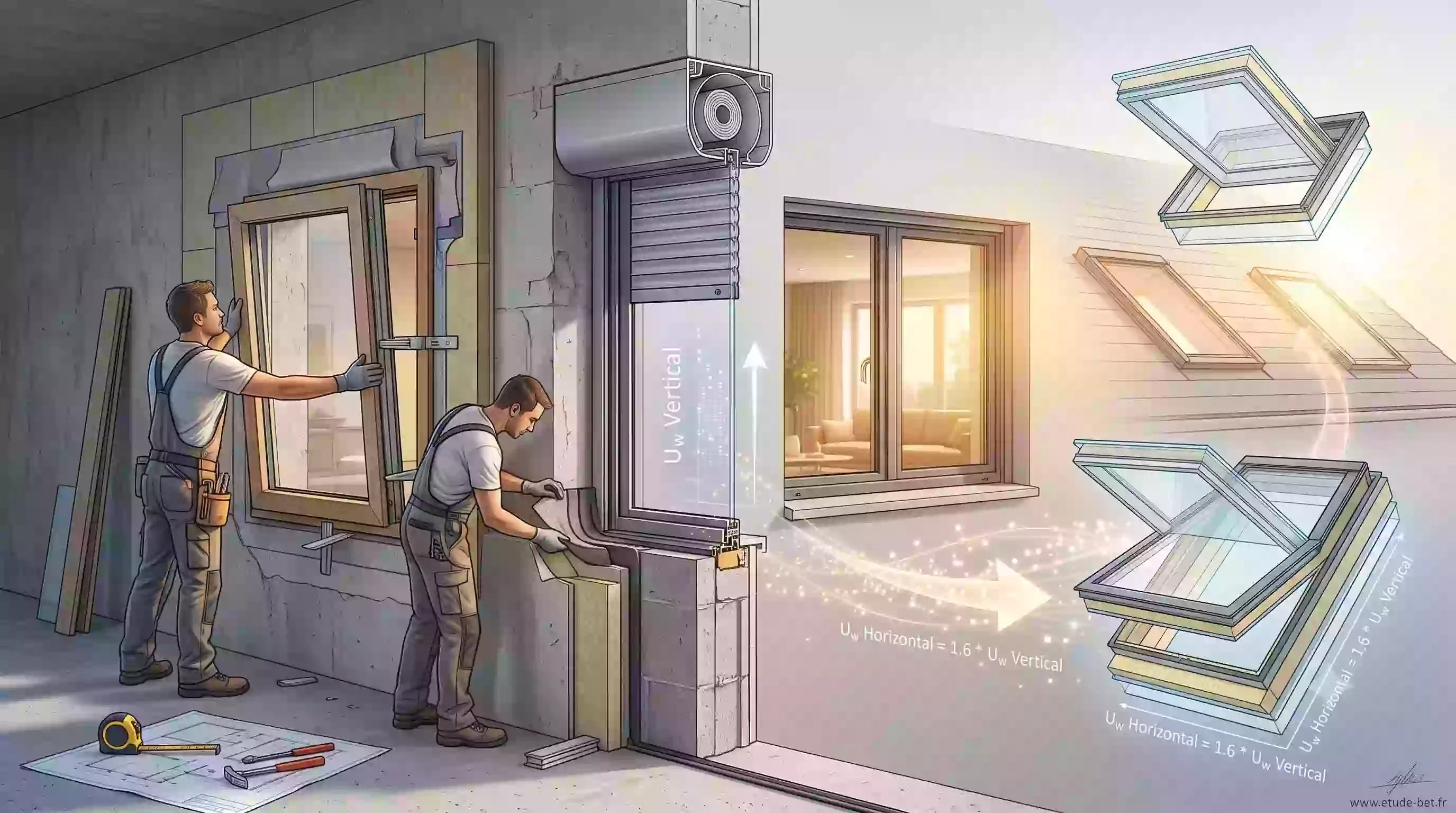 Pose d'une menuiserie en tableau sur un chantier avec traitement de l'étanchéité à l'air en périphérie du dormant