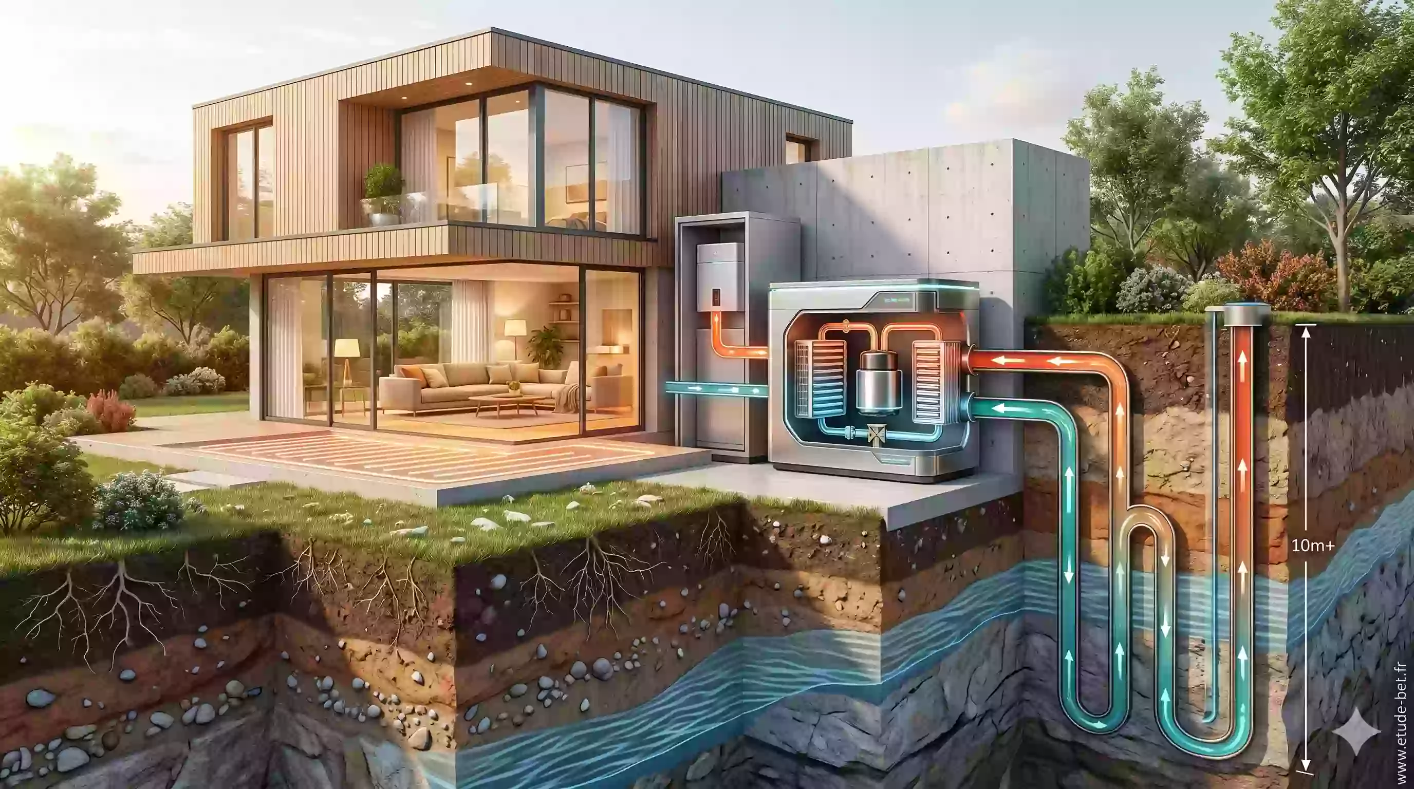 Schéma de fonctionnement d'une PAC géothermique sol-eau