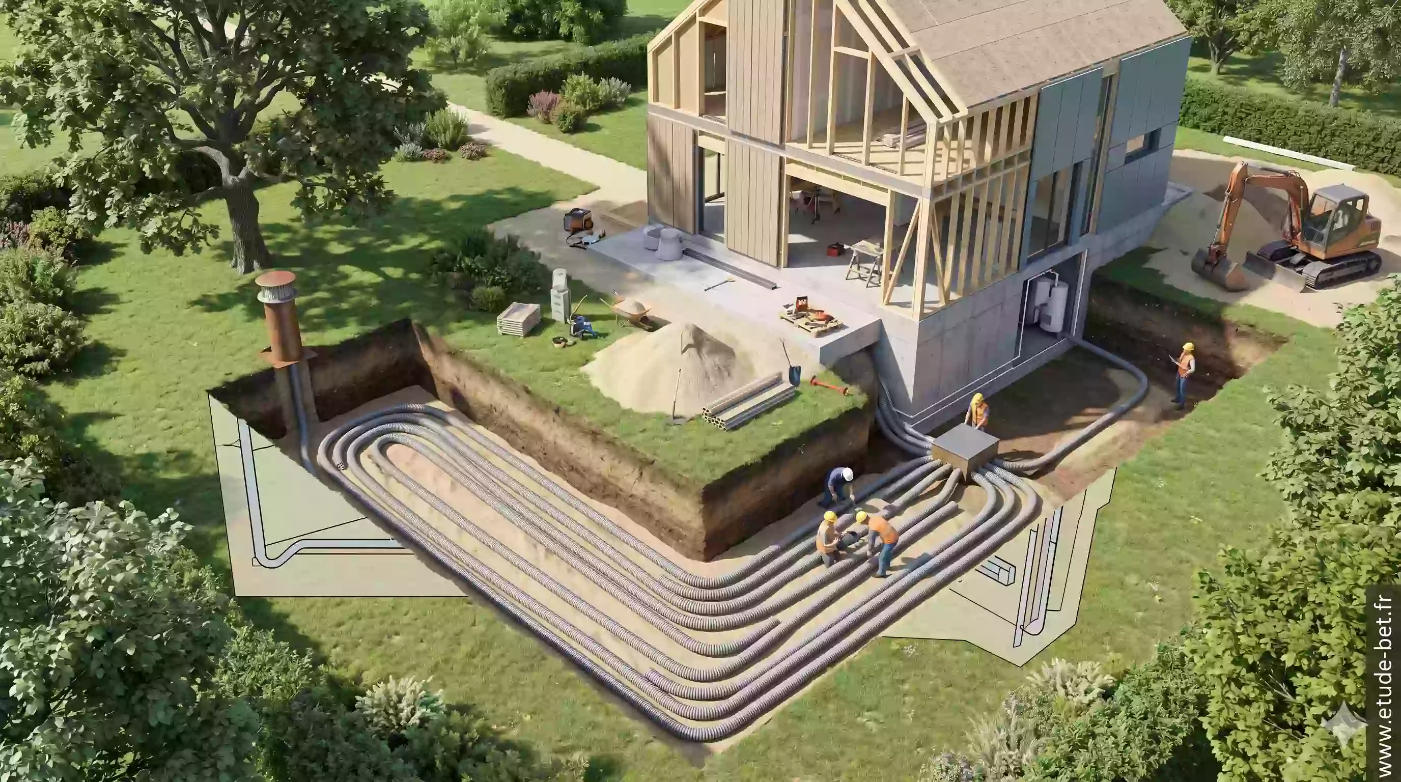 Installation d'un puits canadien sur chantier de maison neuve
