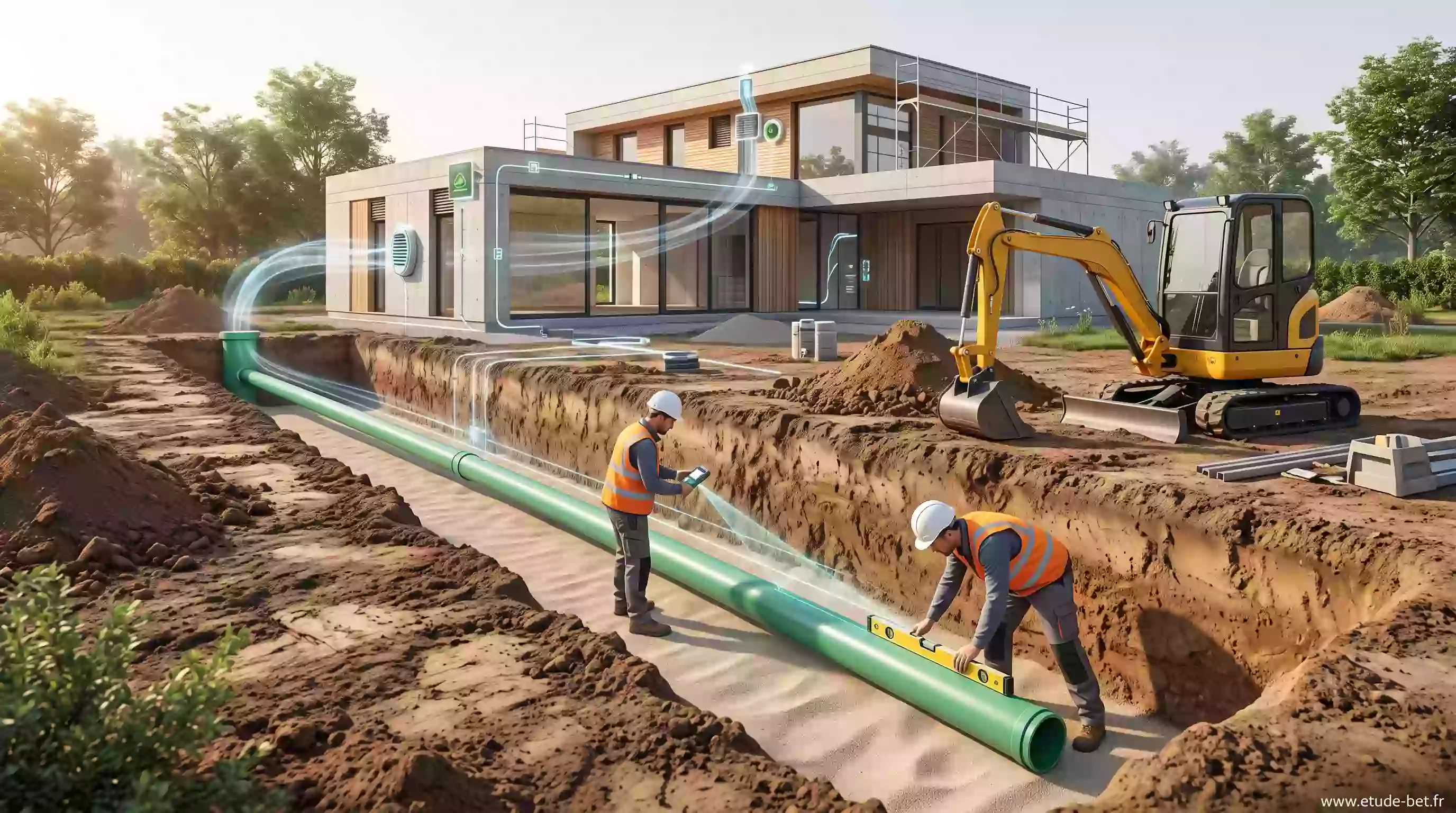 Pose des tubes d'un puits canadien dans une tranchée avec pente et lit de sable, étape décisive de la mise en œuvre