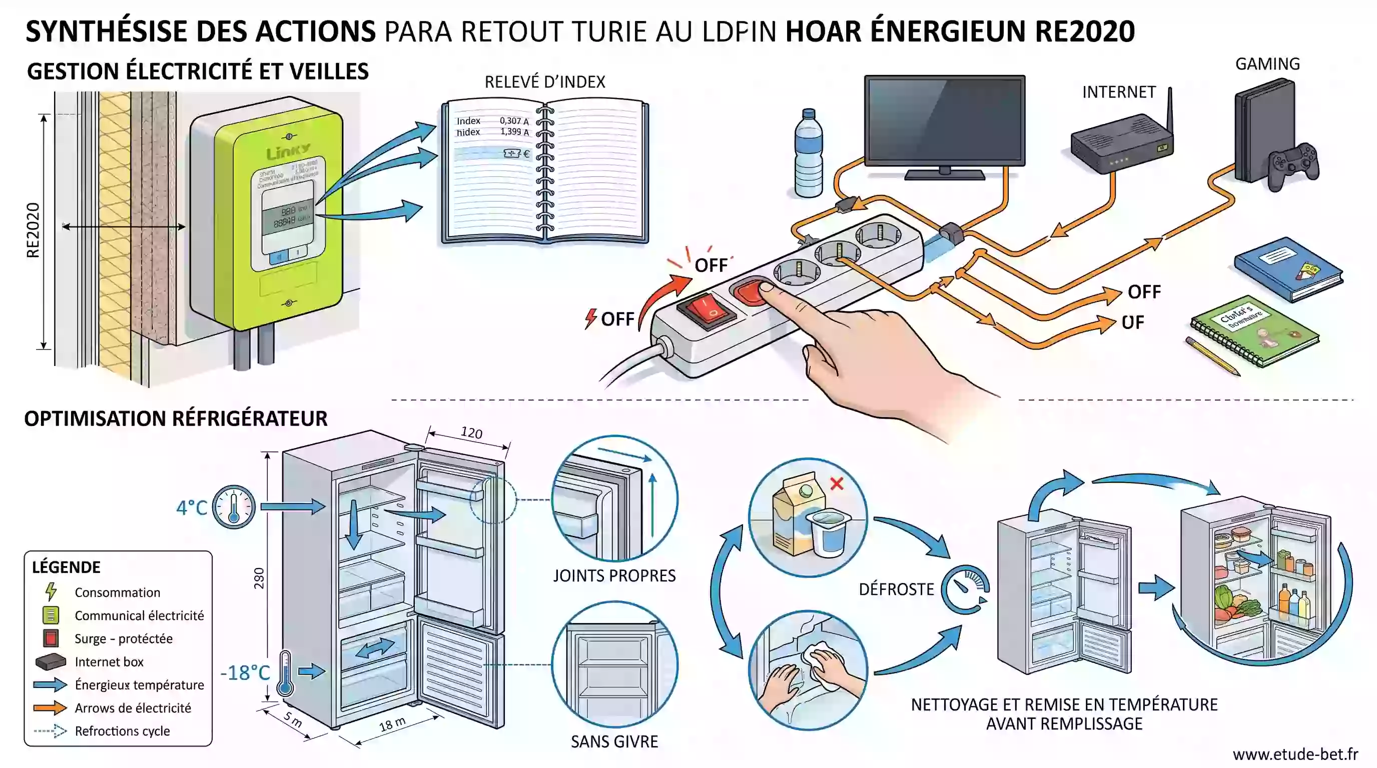 Relevé du compteur électrique et coupure des appareils en veille au retour de vacances dans une maison re2020