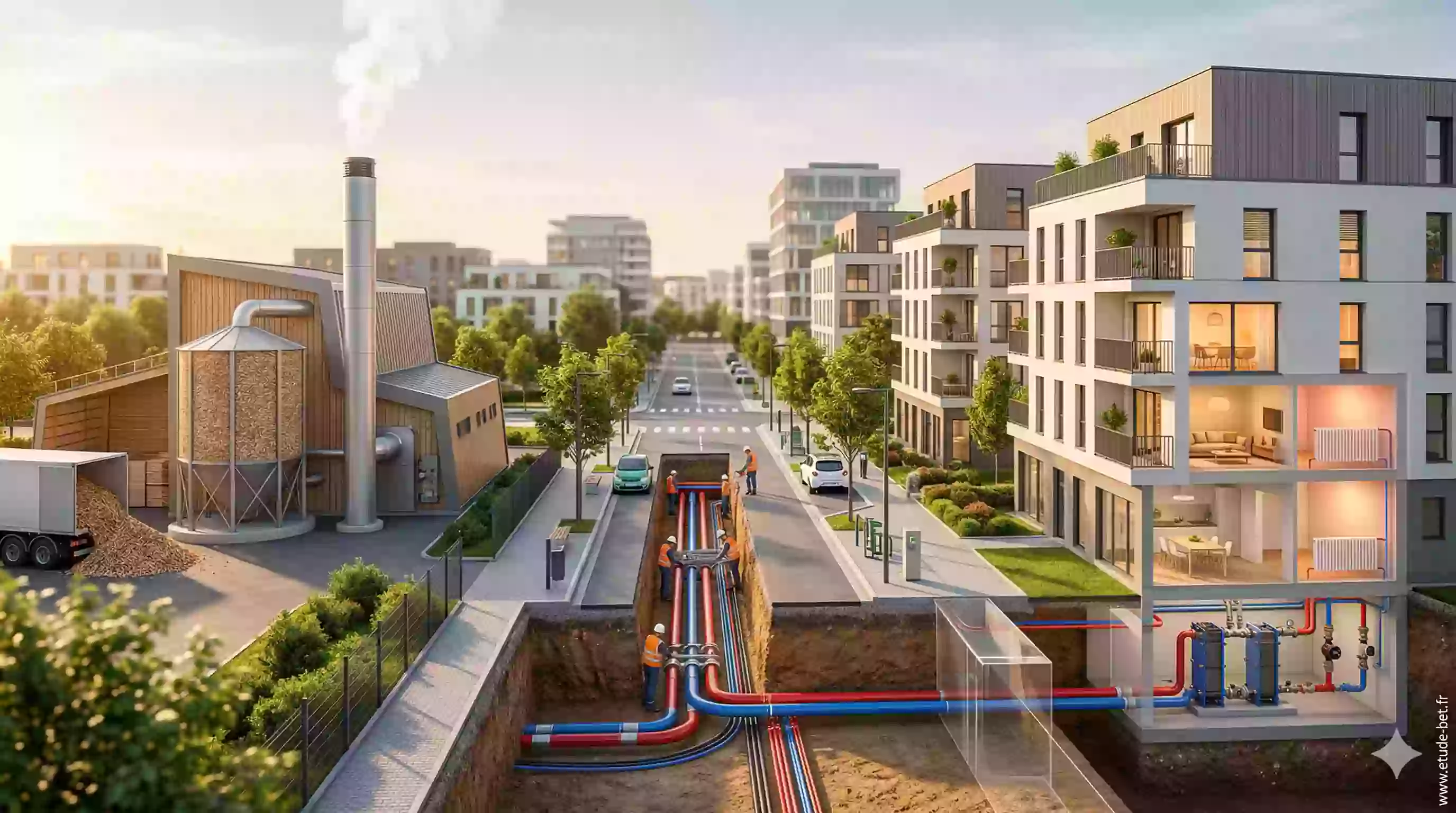 Schéma d'un réseau de chaleur urbain classé en France