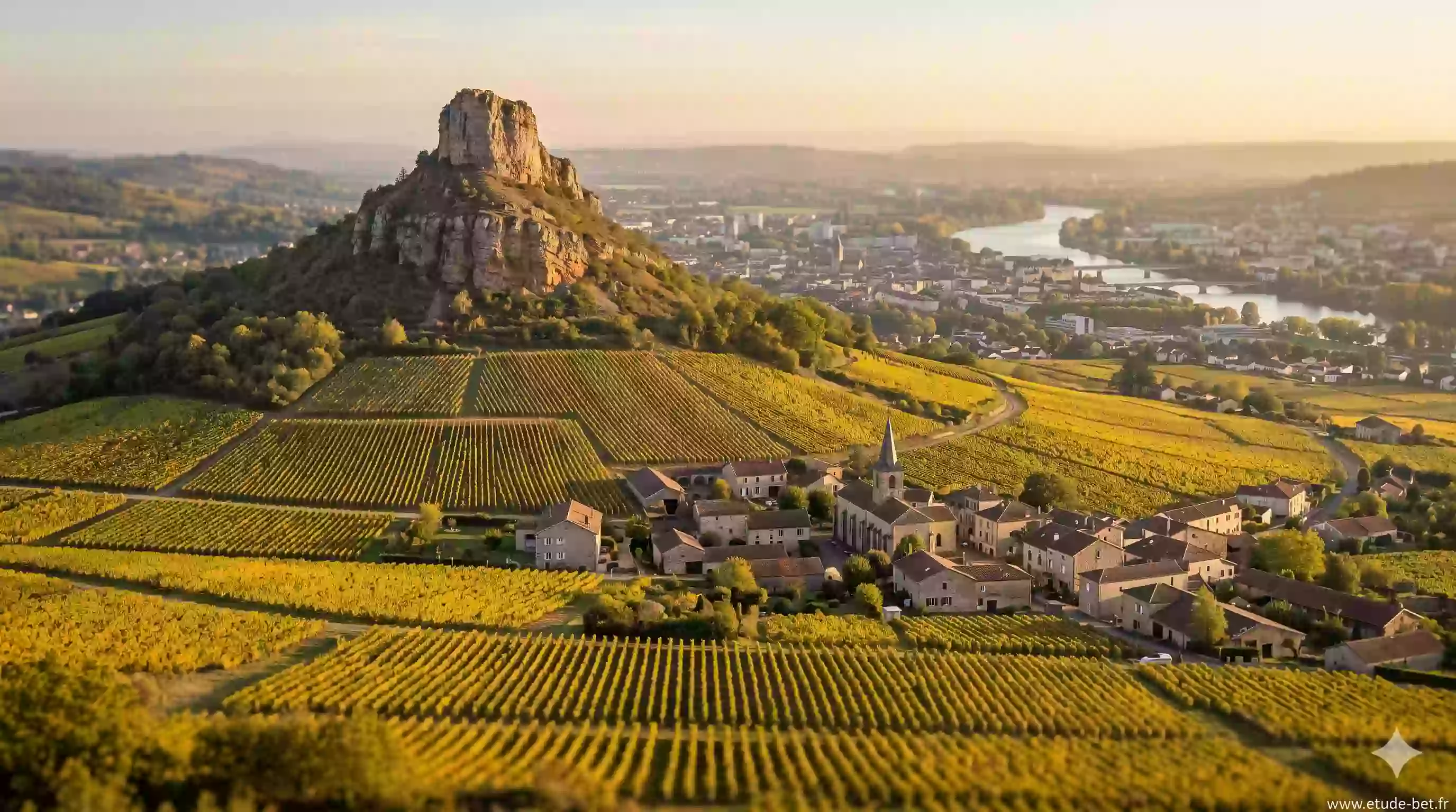 La Roche de Solutré dominant le vignoble du Mâconnais près de Mâcon