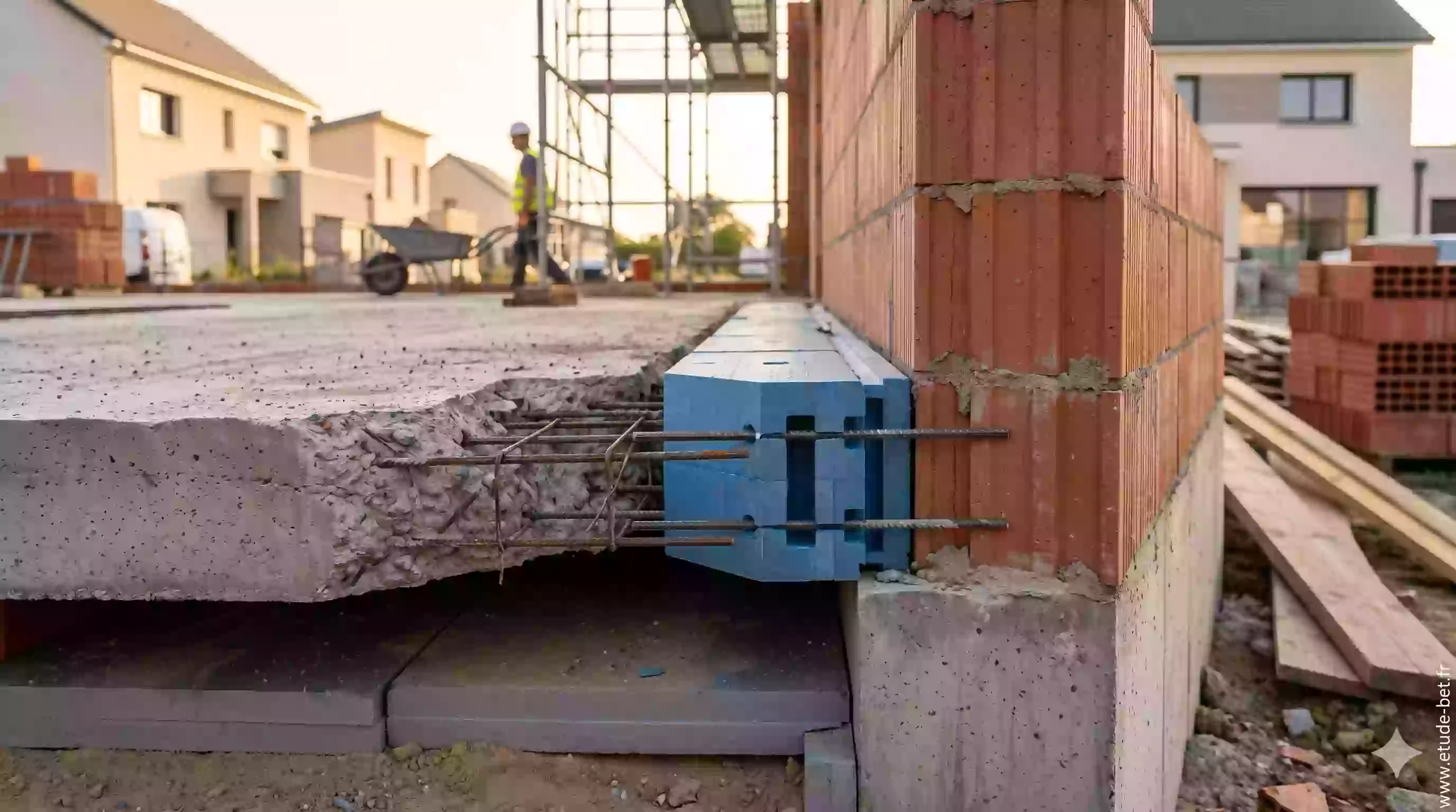 Rupteur de pont thermique en périphérie de plancher bas re2020 : détail de liaison dalle-mur