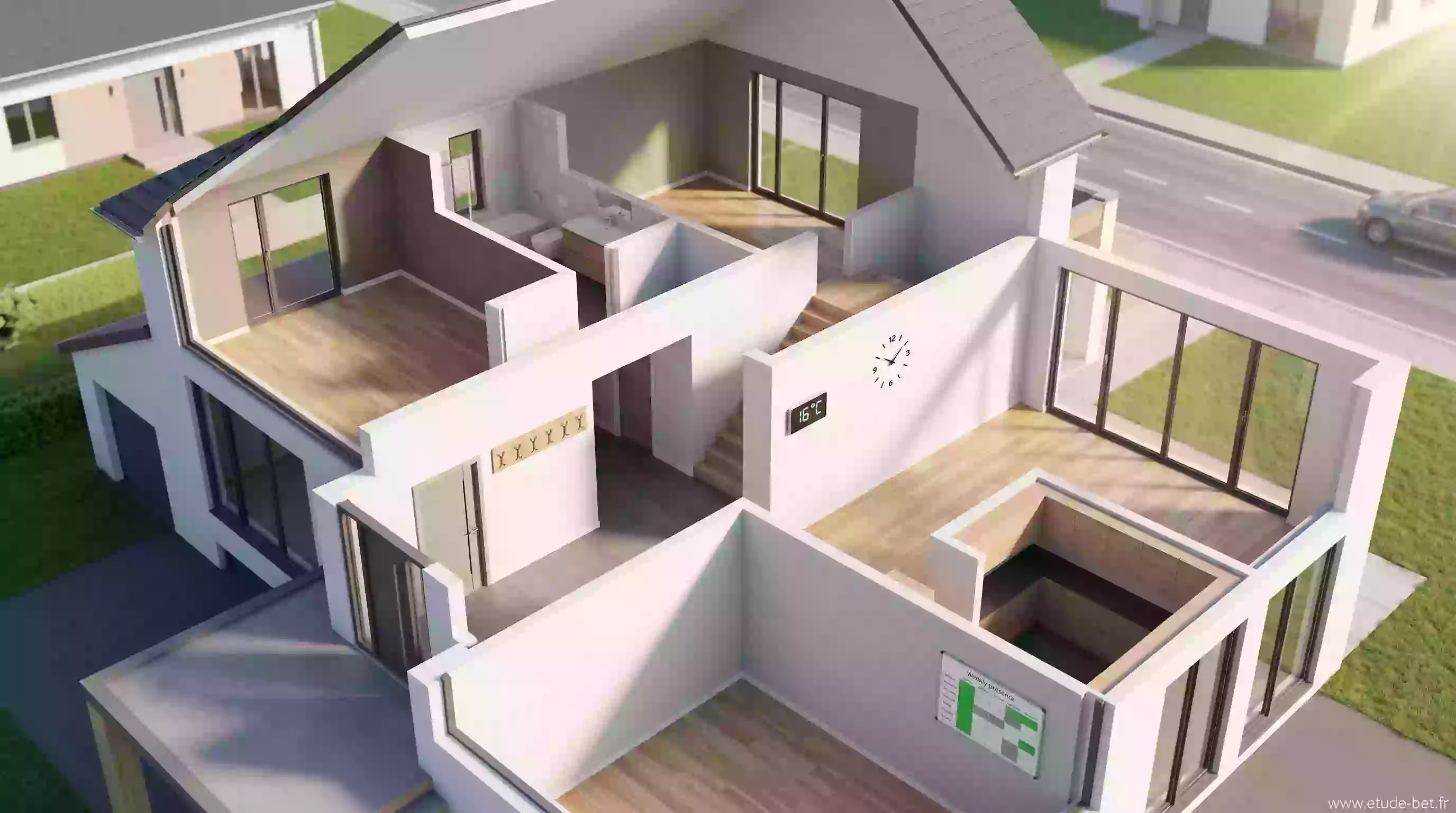 Scénarios conventionnels re2020 : maison individuelle vide en journée avec thermostat abaissé à 16 degrés et horloge murale