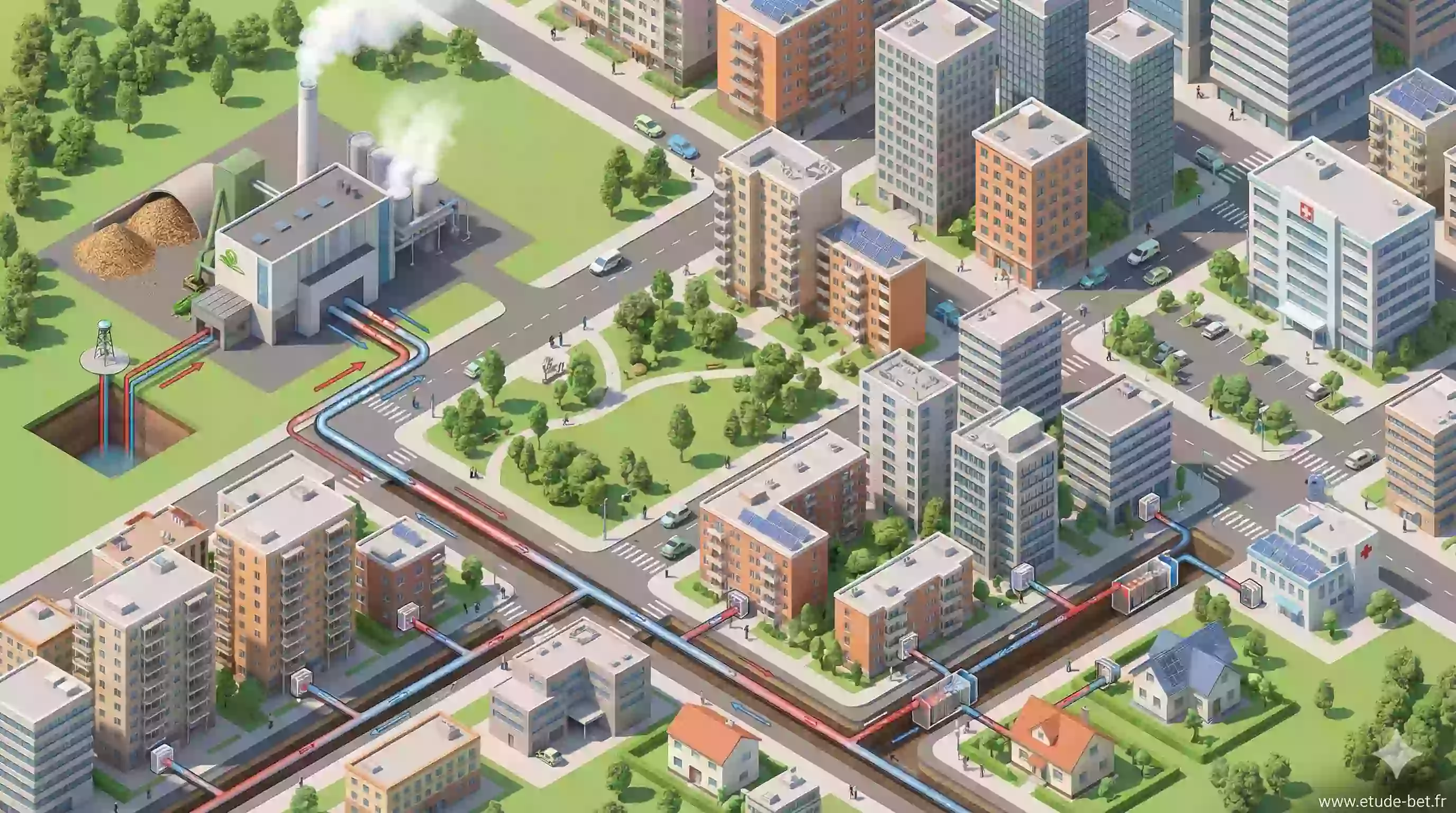Schéma de fonctionnement d'un réseau de chaleur urbain