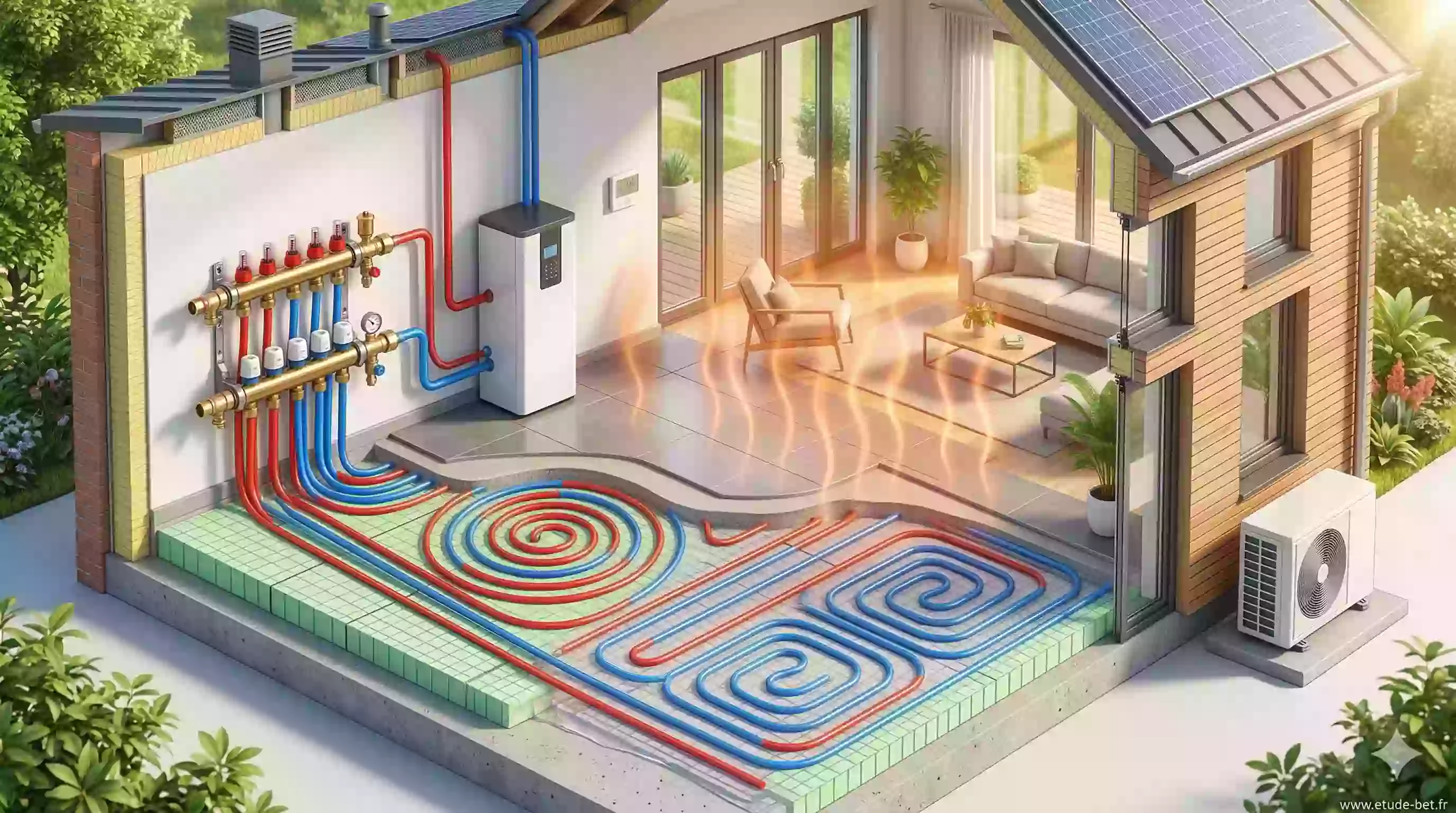 Schéma tubes PER d'un plancher chauffant hydraulique en boucles