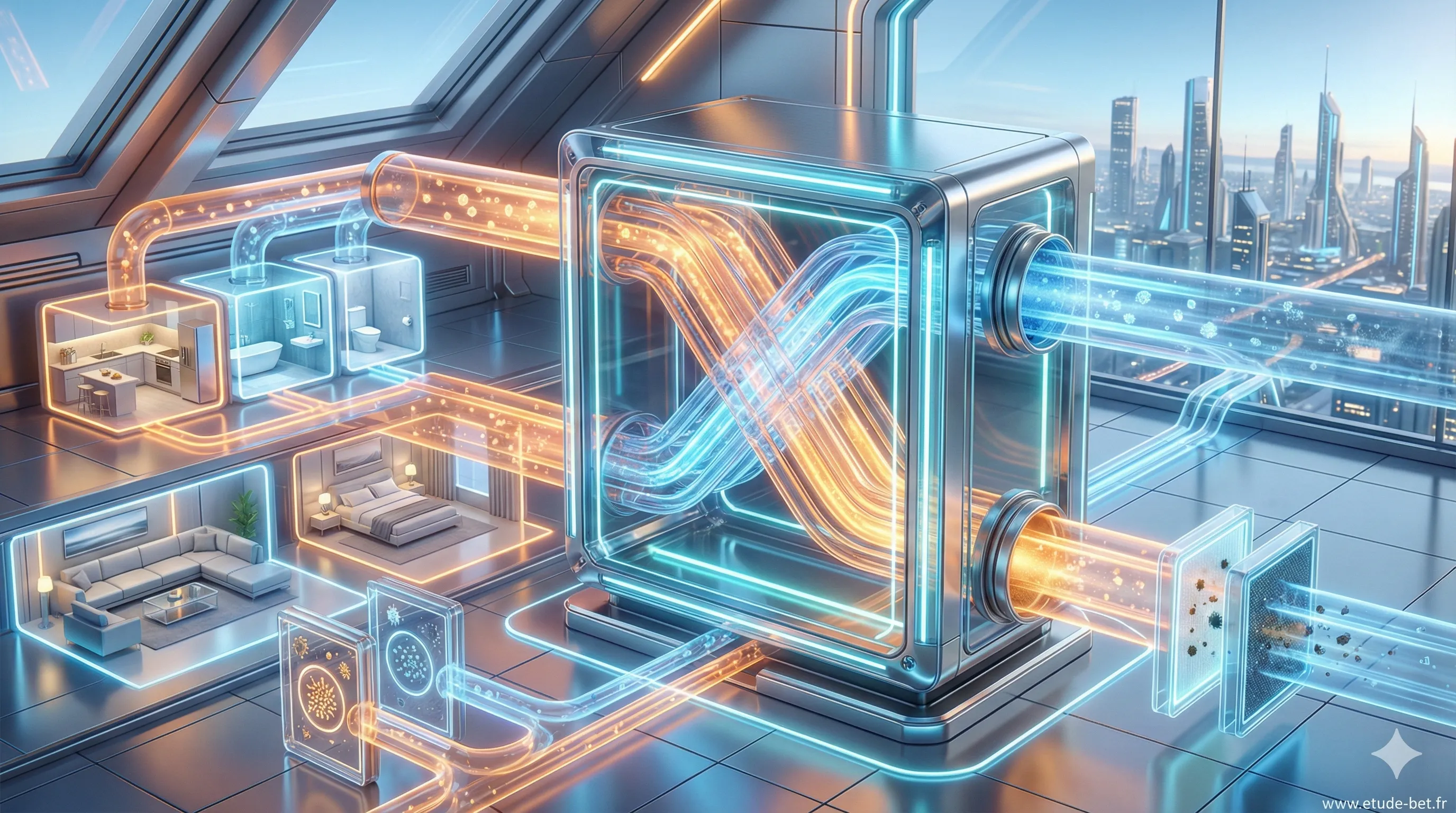 Schéma de fonctionnement d'une VMC double flux avec échangeur thermique