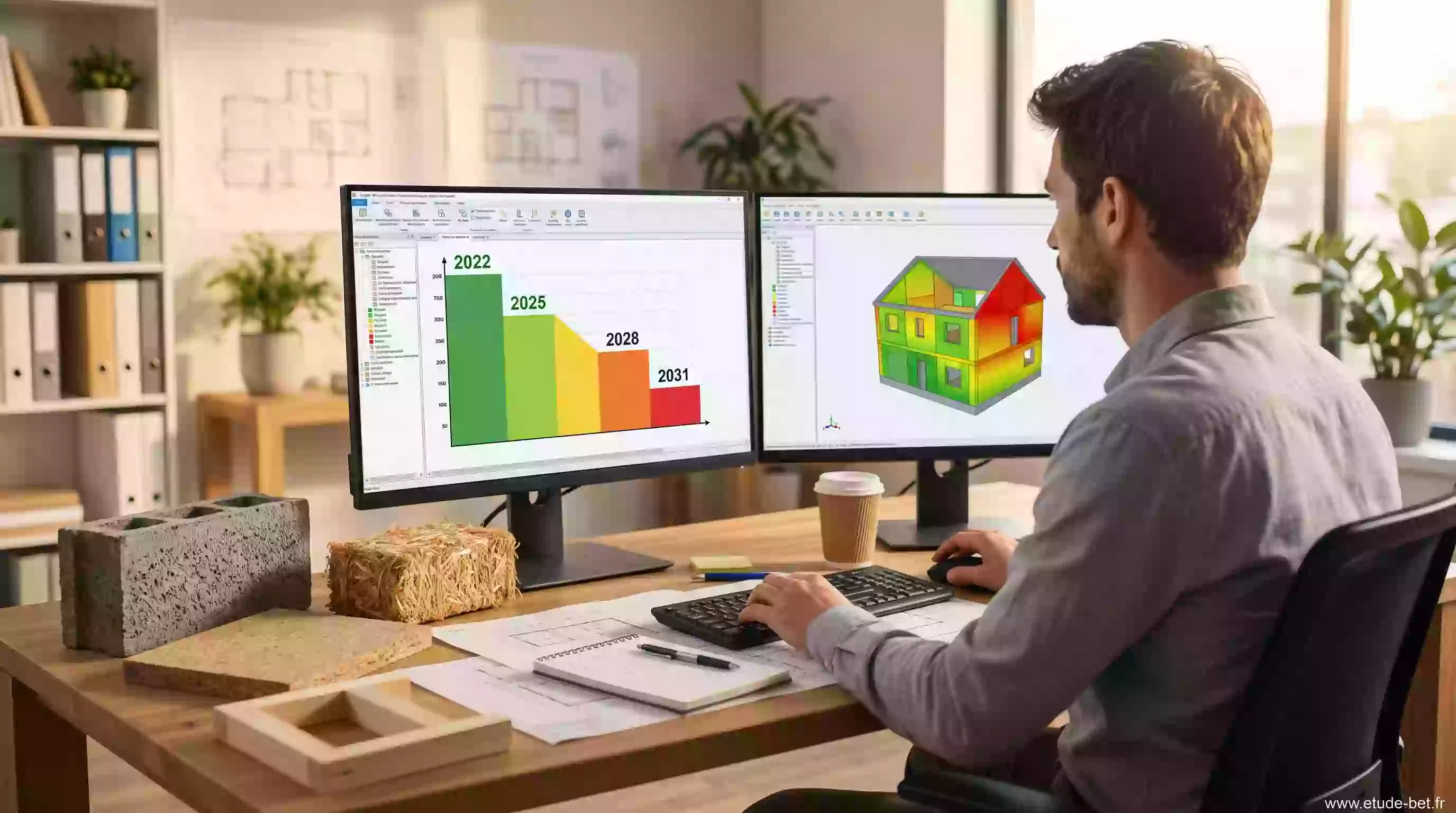 Bureau d'études comparant les paliers Icconstruction re2020 2025, 2028 et 2031 sur l'écran d'un logiciel de calcul