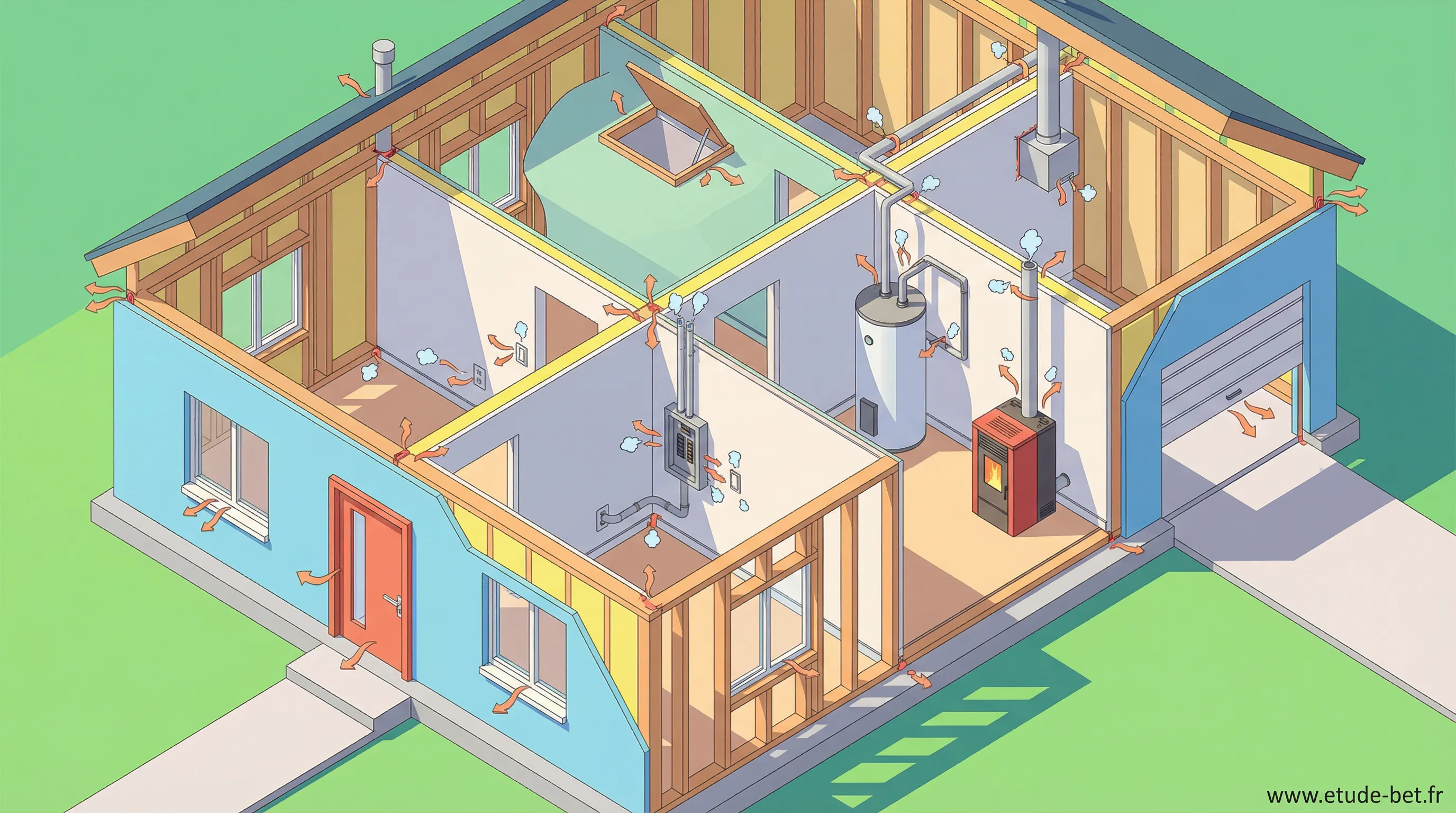 Schéma des principales sources de fuites d'air dans une maison