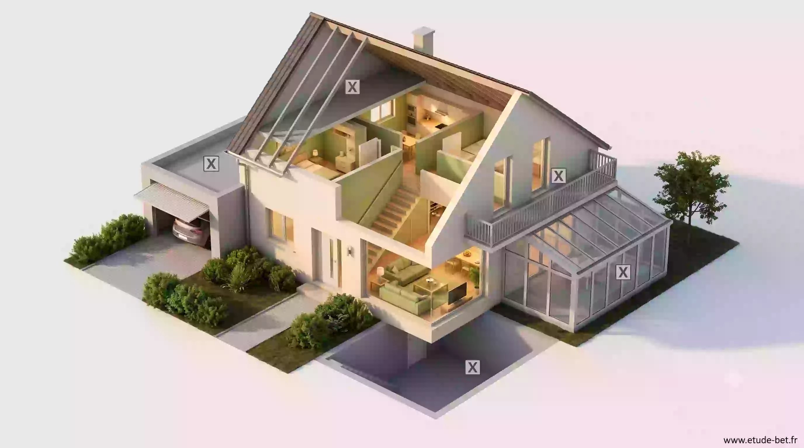 Vue d'une maison montrant les espaces exclus de la surface habitable : garage, véranda, combles et balcon