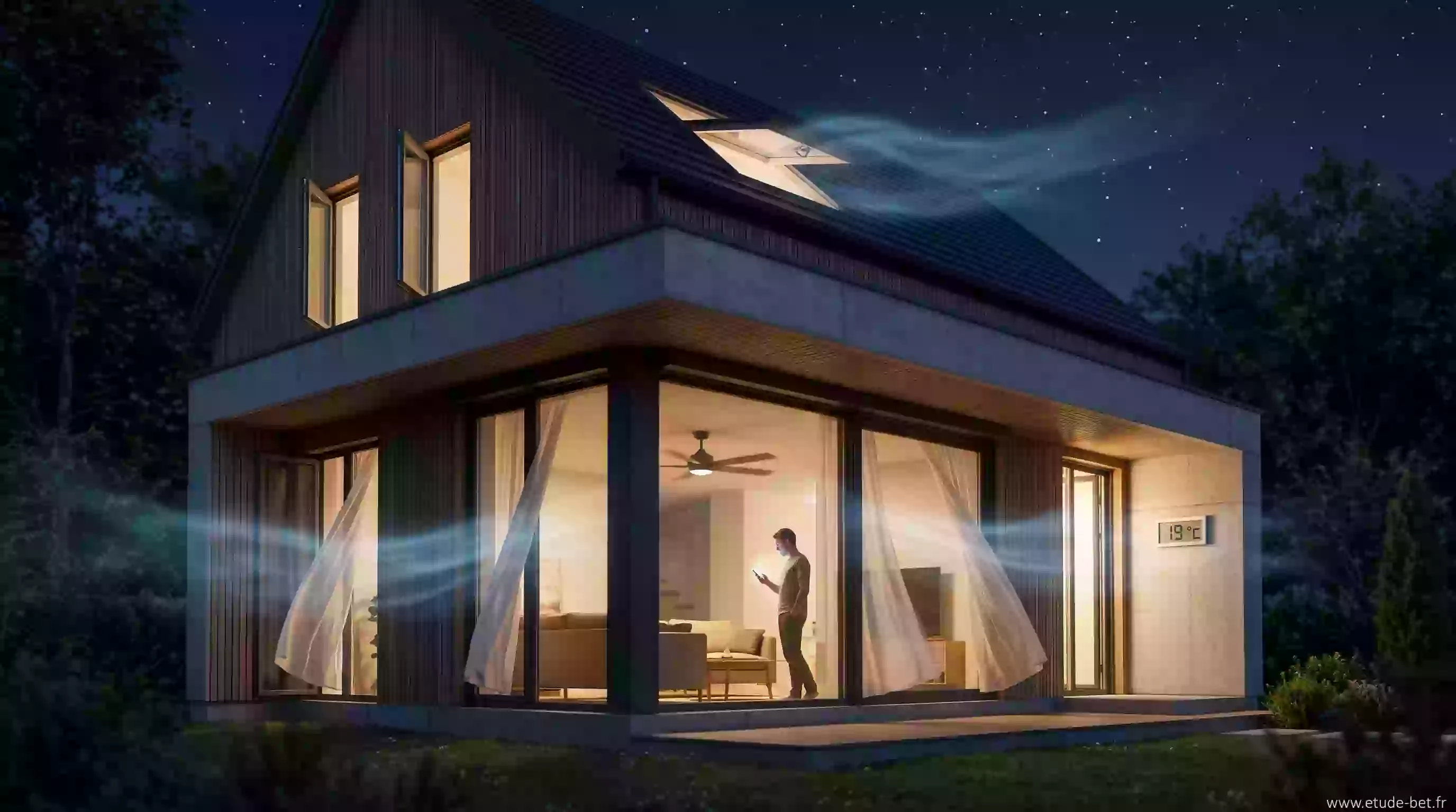 Nuit d'été, fenêtres grandes ouvertes d'une maison re2020 pour la surventilation nocturne pendant la canicule