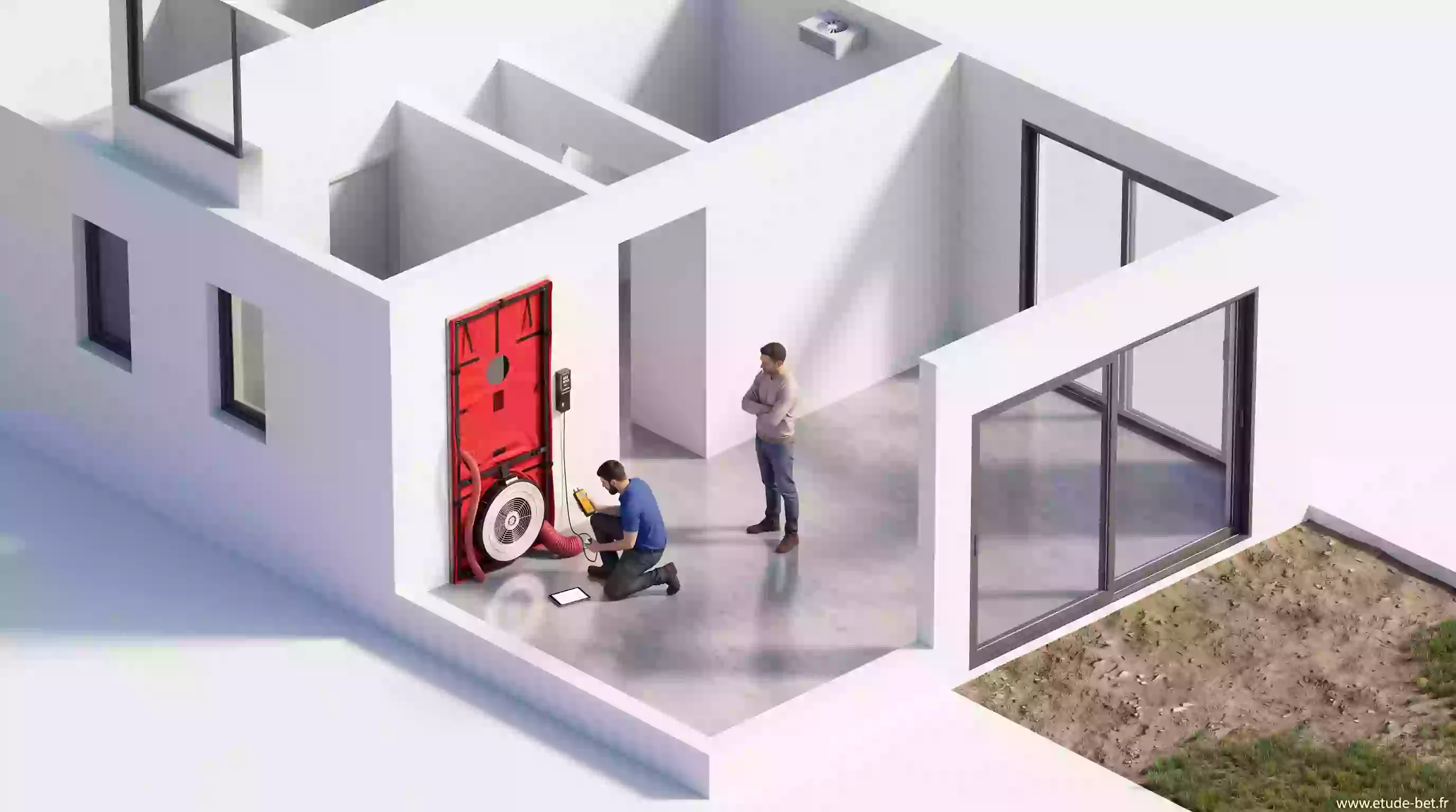 Opérateur réalisant un test d'étanchéité à l'air dans une maison neuve visant le label Effinergie re2020, porte soufflante