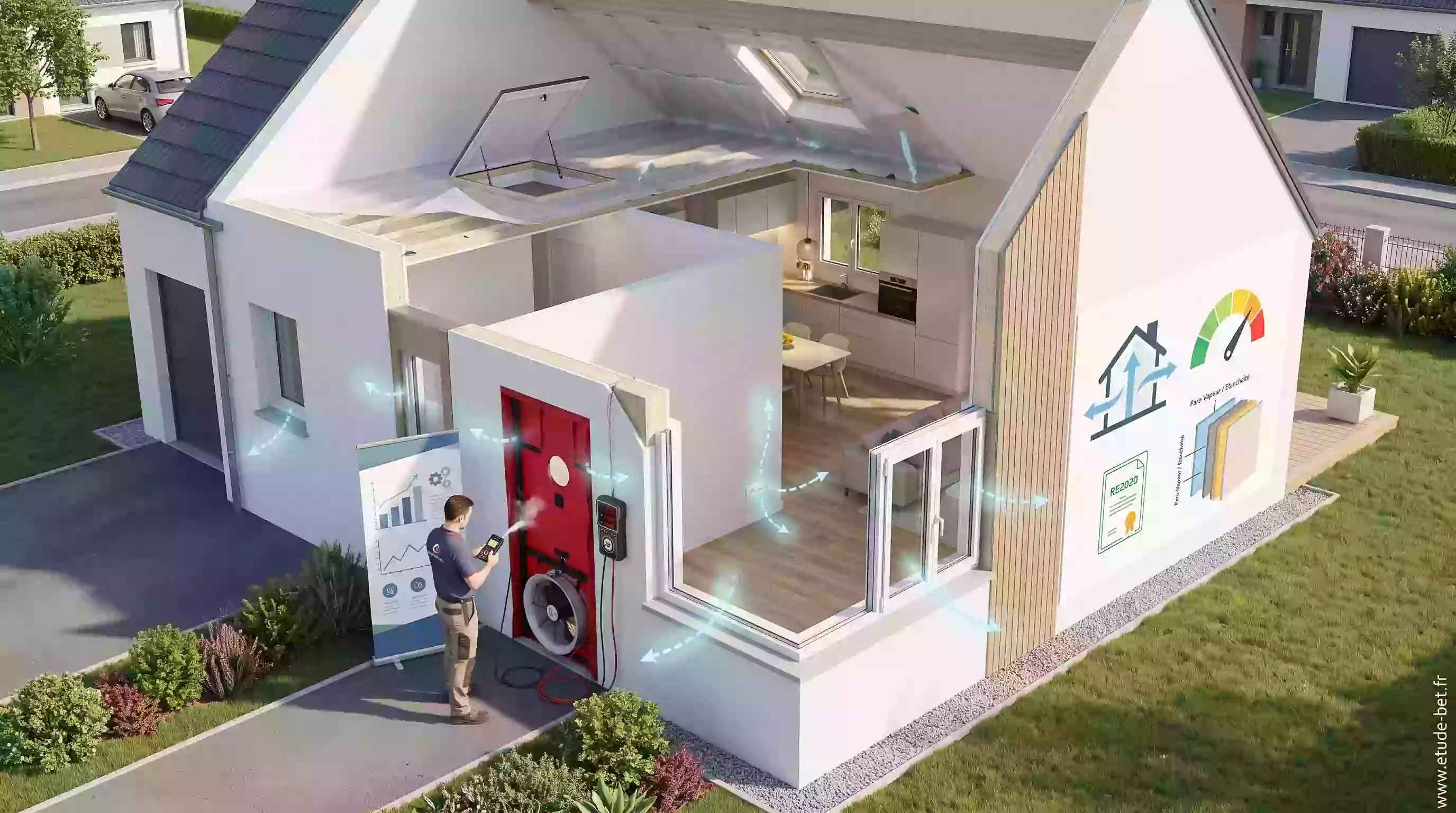 Test d'infiltrométrie avec porte soufflante mesurant le q4pa-surf d'une maison neuve re2020