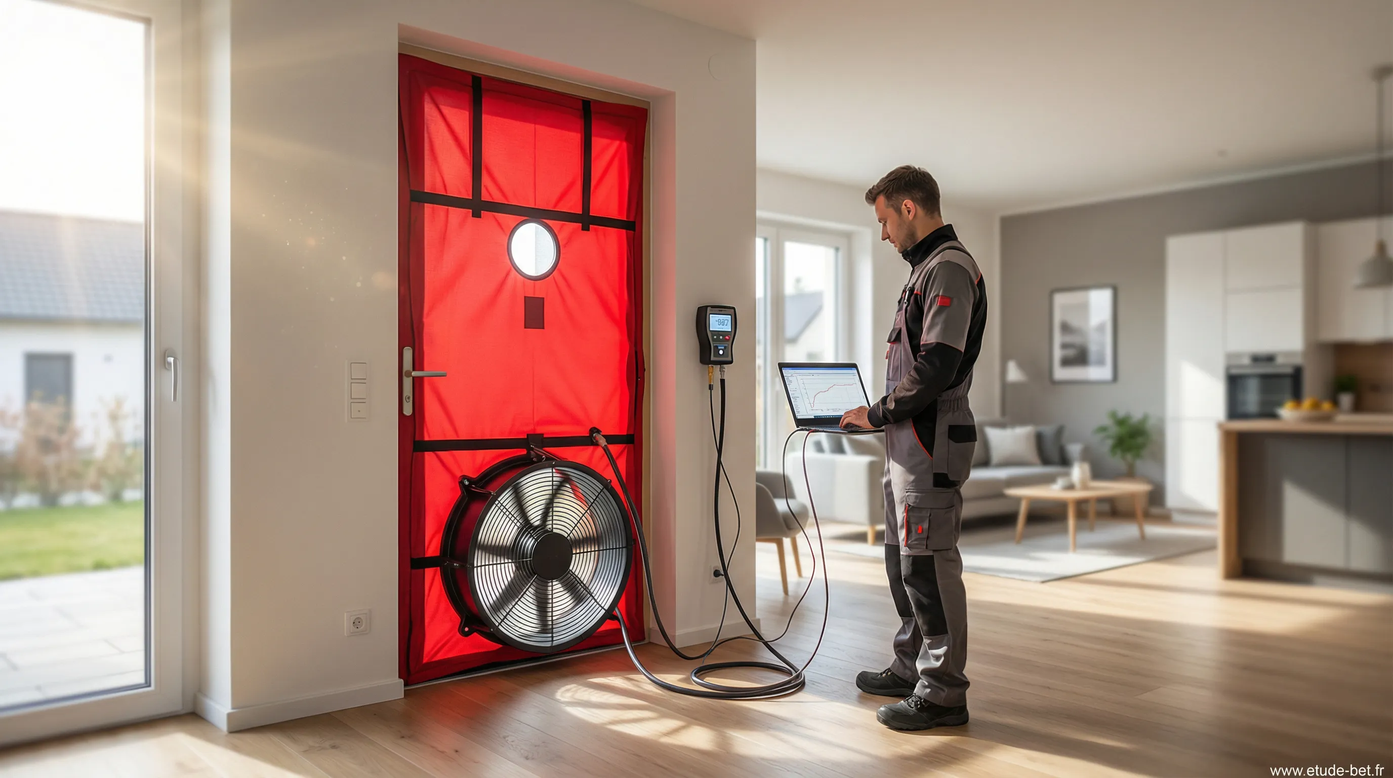 Test d'infiltrométrie porte soufflante pour maison re2020