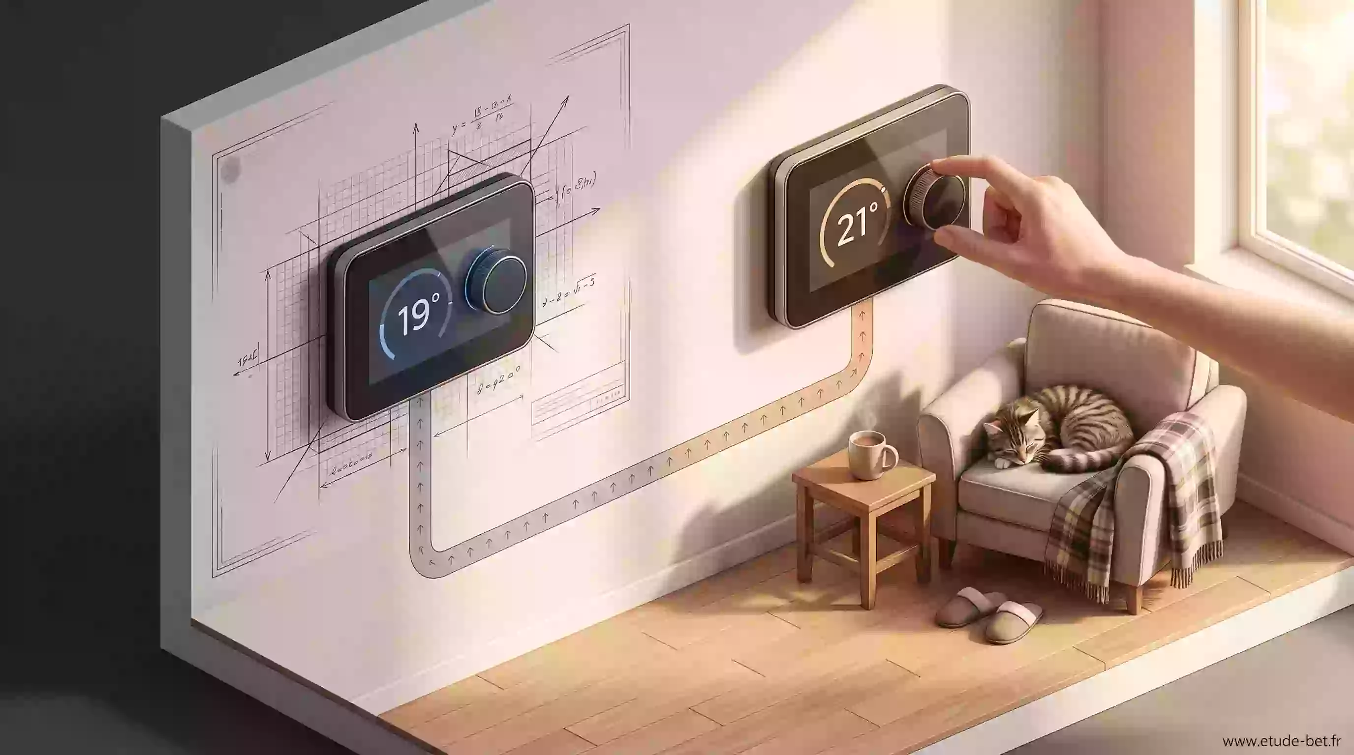 Thermostat réglé à 19 degrés selon la convention re2020 face à un thermostat domestique réglé à 21 degrés