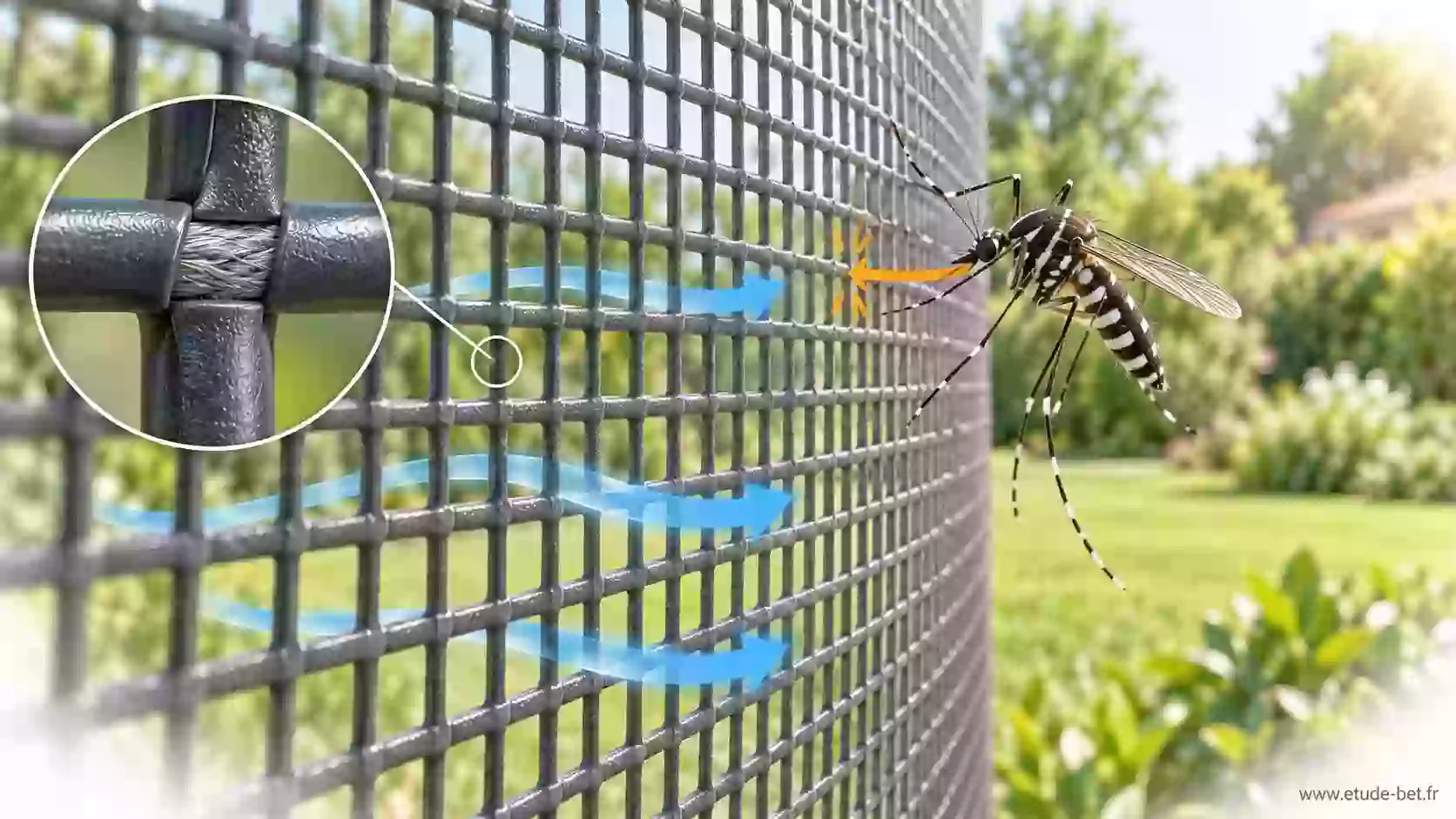 Gros plan sur la maille fine d'une toile de moustiquaire en fibre de verre arrêtant un moustique tigre