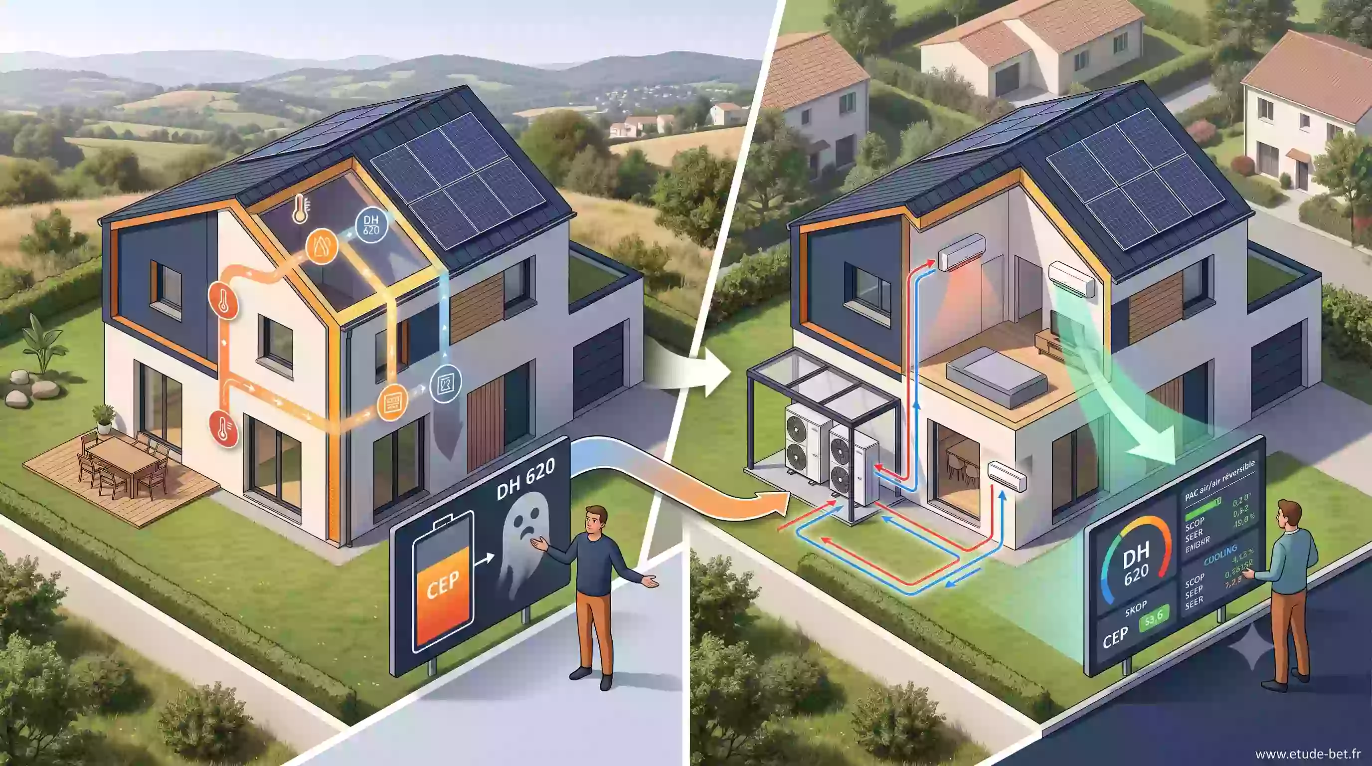 Unité extérieure de pompe à chaleur air/air sur une maison neuve conforme re2020