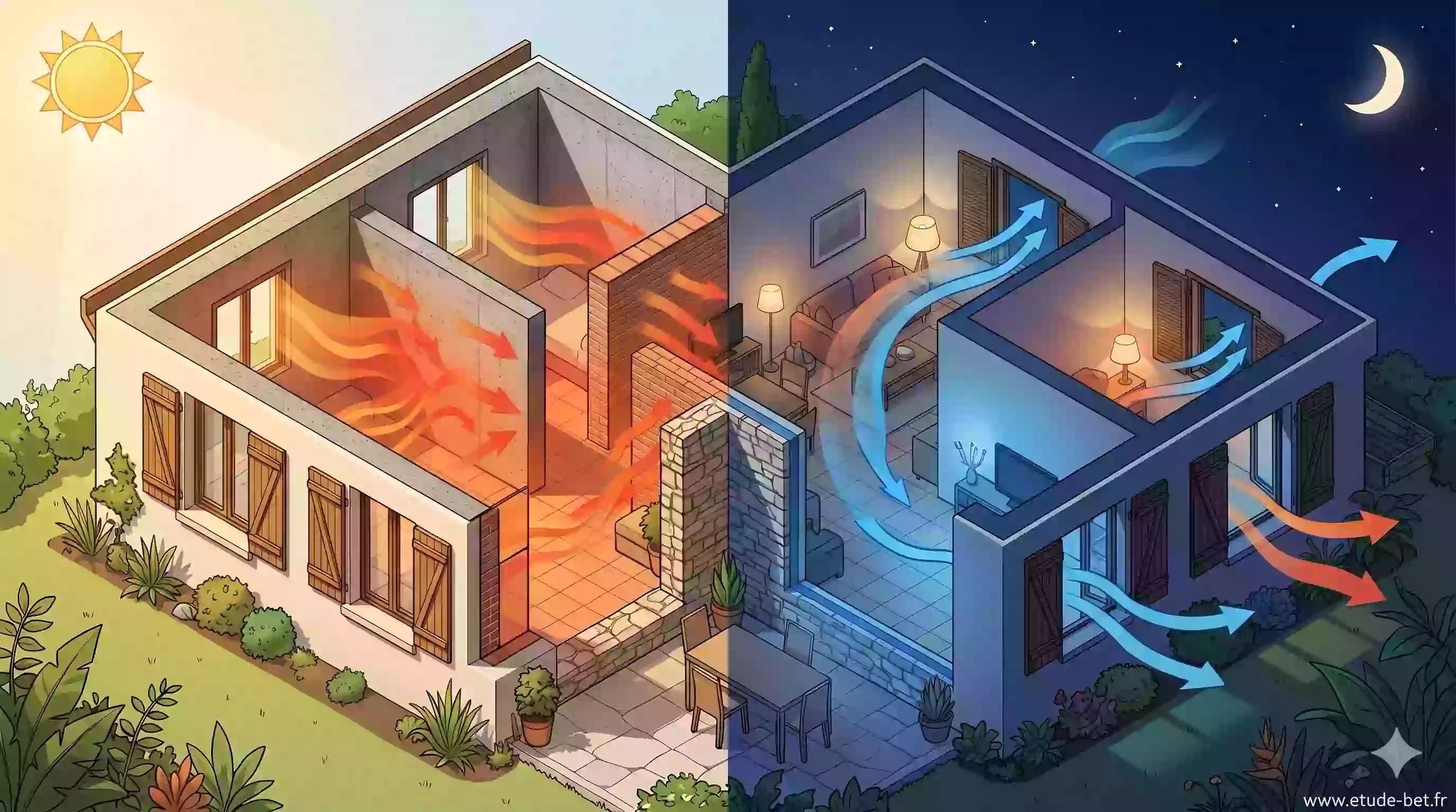Fenêtres et volets ouverts la nuit pour ventiler une maison et évacuer la chaleur accumulée pendant la journée
