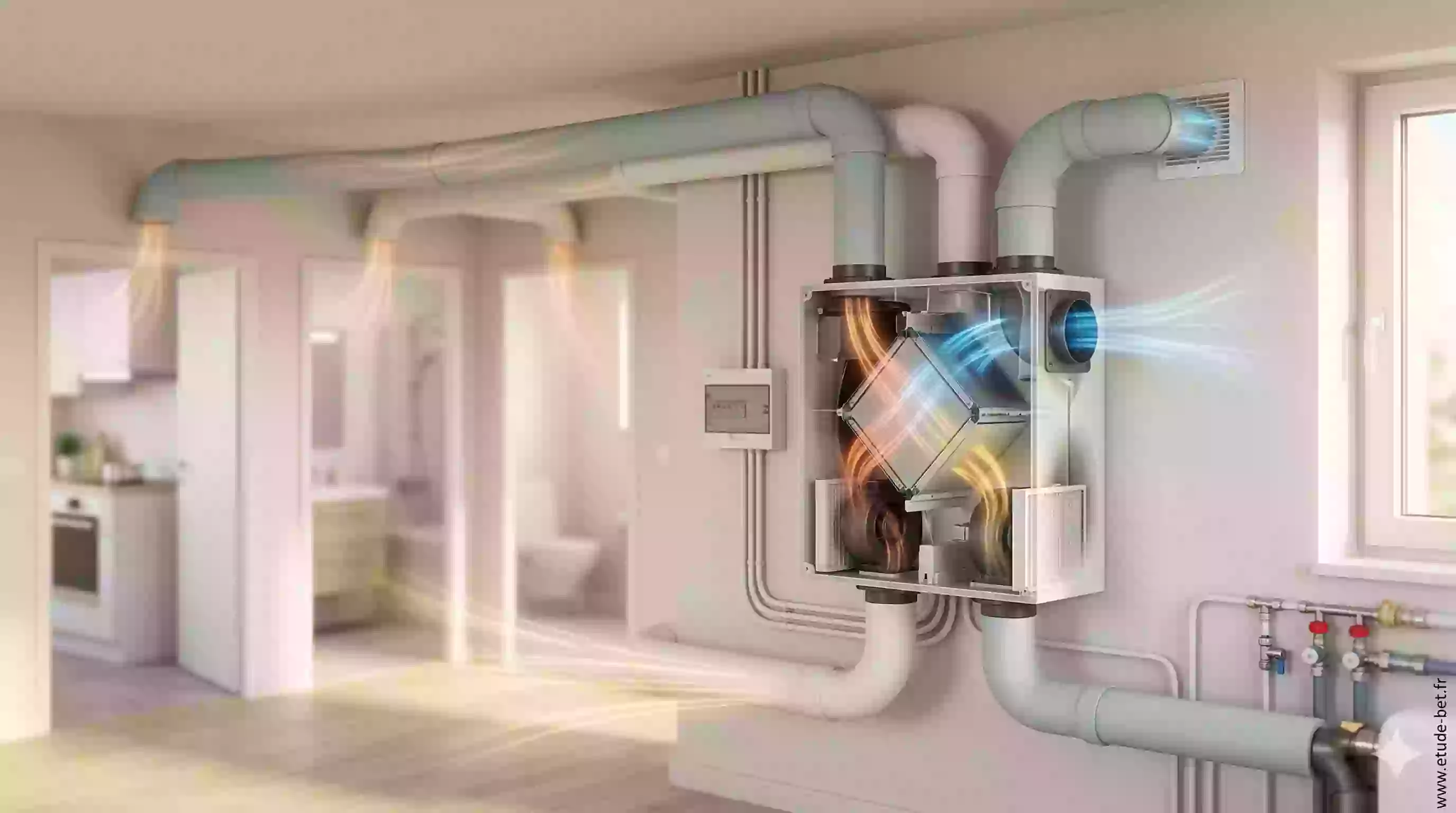 Schéma de fonctionnement d'une VMC double flux avec échangeur thermique