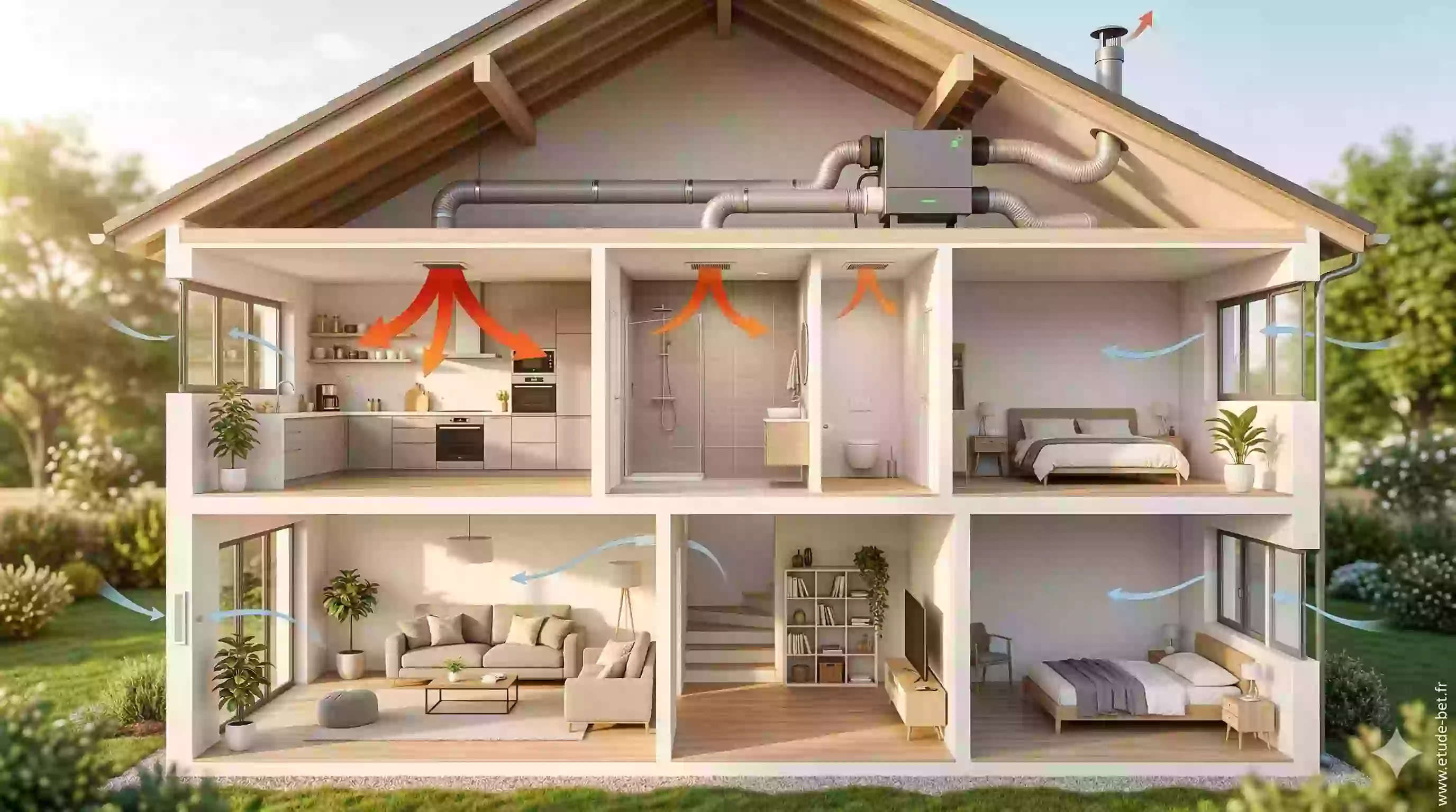 Schéma de fonctionnement d'une VMC simple flux hygroréglable en maison neuve